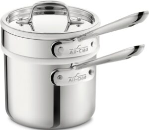 all-clad 42025 stainless steel 3-ply bonded dishwasher safe sauce pan with porcelain double boiler and cookware lid, 2-quart, silver - 8400000266