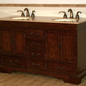 Silkroad Exclusive HYP-0715-T-UIC-60 Travertine Stone Double Sink Bathroom Vanity with Furniture Bath Cabinet, 60", Medium Wood