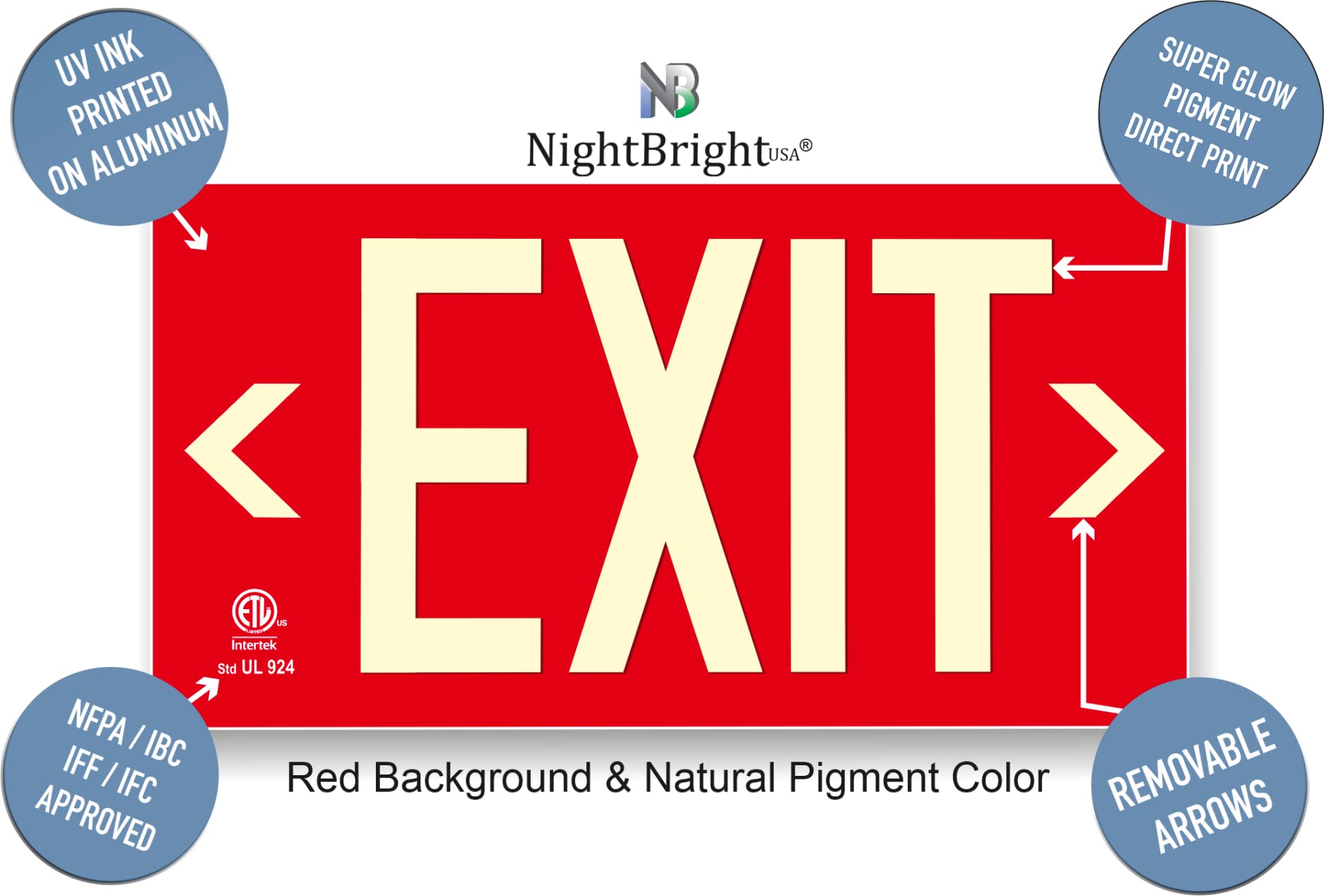 Photoluminescent Exit Sign Red - Aluminum - UL 924 Code Approved/IBC/NFPA 101 | NightBright USA Part Number ULR-050