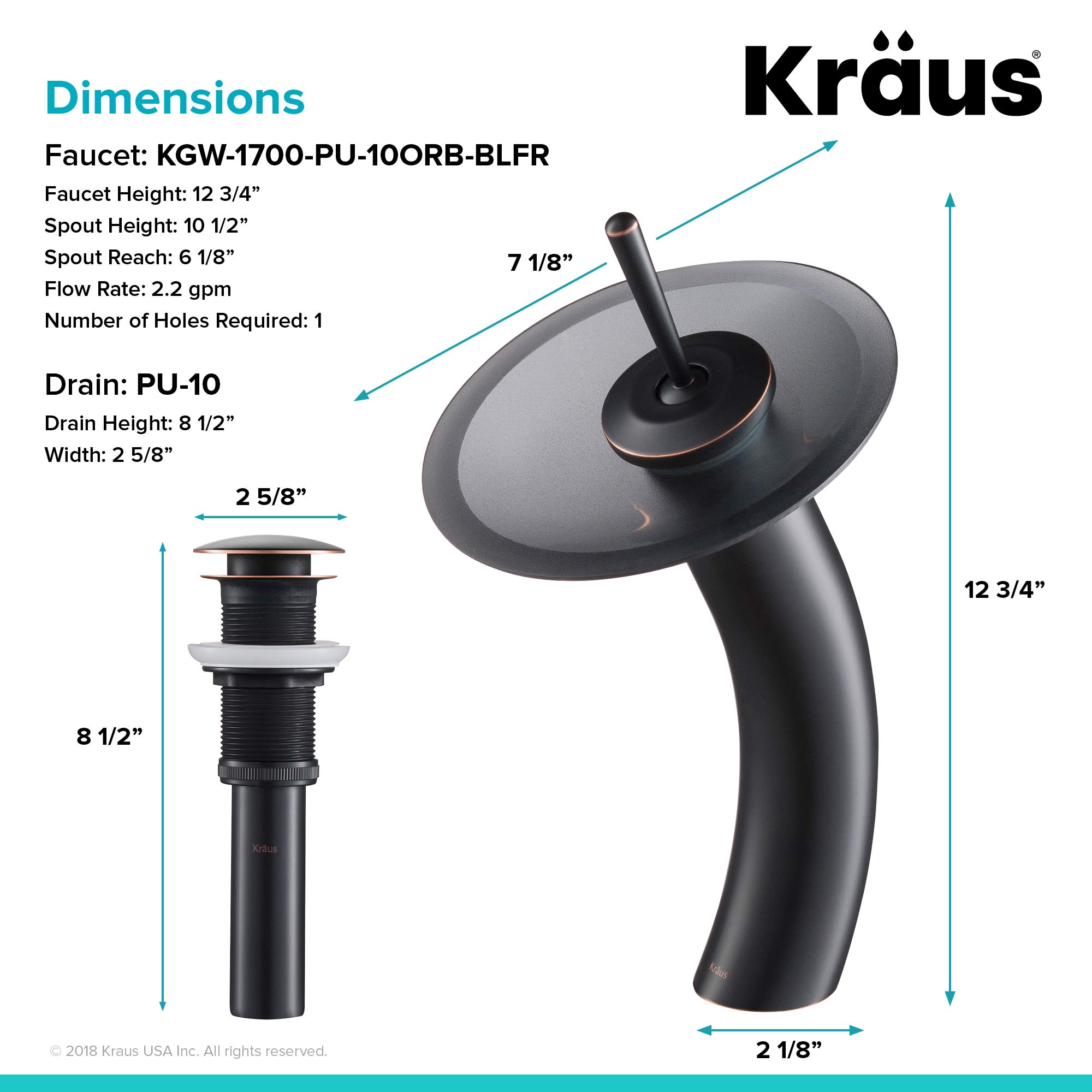 KRAUS Tall Waterfall Bathroom Faucet for Vessel Sink with Frosted Black Glass Disk and Pop-Up Drain, Oil Rubbed Bronze KGW-1700-PU-10ORB-BLFR