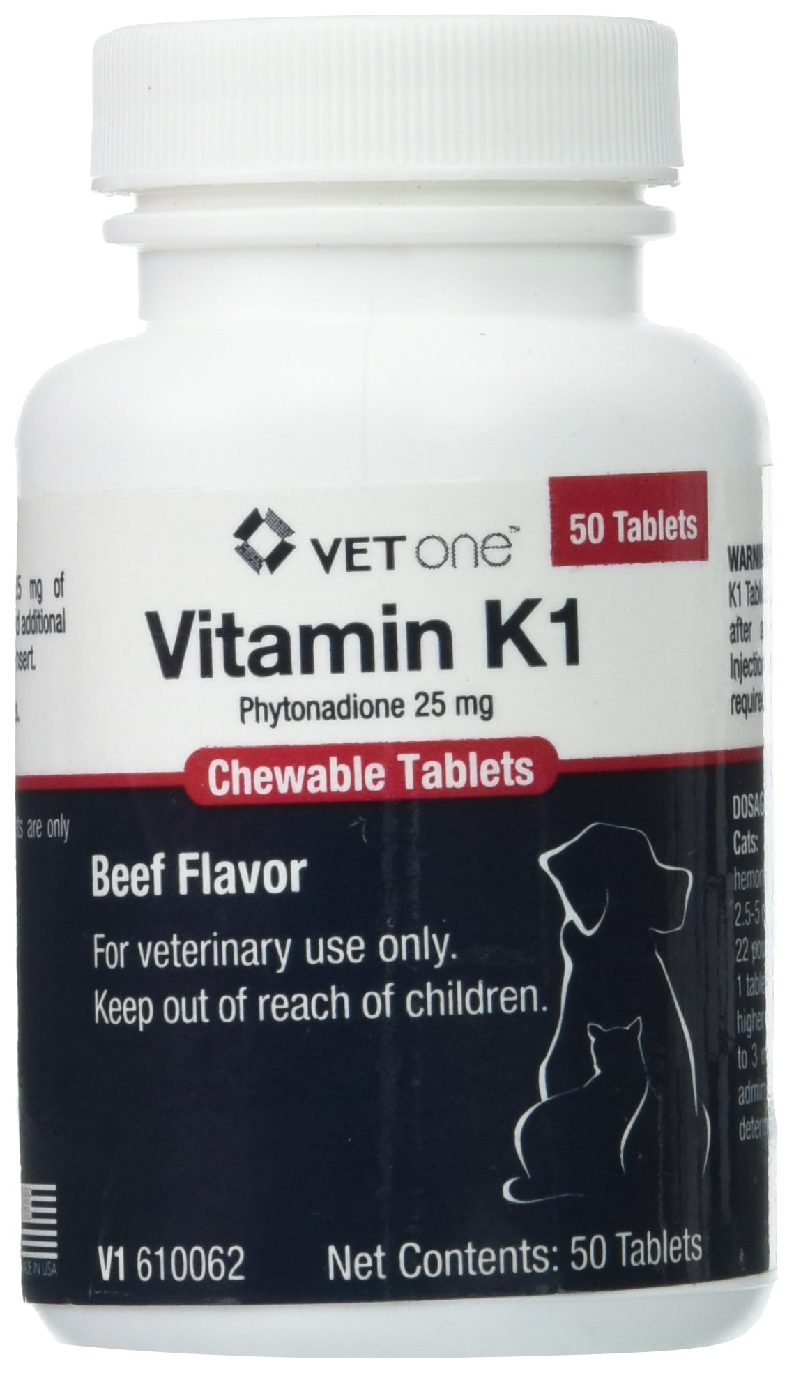 Vet One Vitamin K1 Chewable Tablets - Vitamin K1 for Dogs, Beef-Flavored Chewable Vitamins for Cats and Dogs (50 Tablets, Phytonadione 25mg)