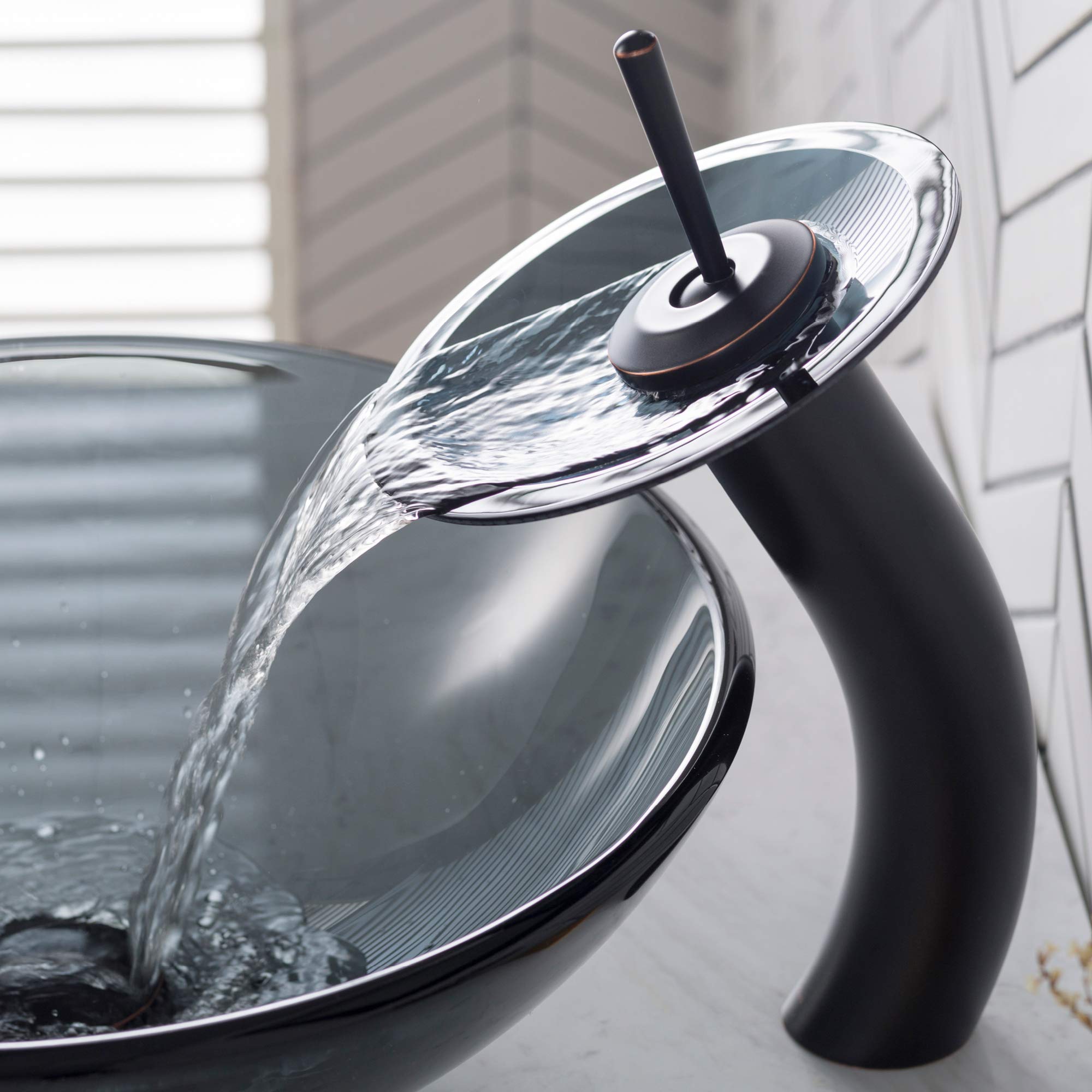 KRAUS Tall Waterfall Bathroom Faucet for Vessel Sink with Frosted Black Glass Disk and Pop-Up Drain, Oil Rubbed Bronze KGW-1700-PU-10ORB-BLFR