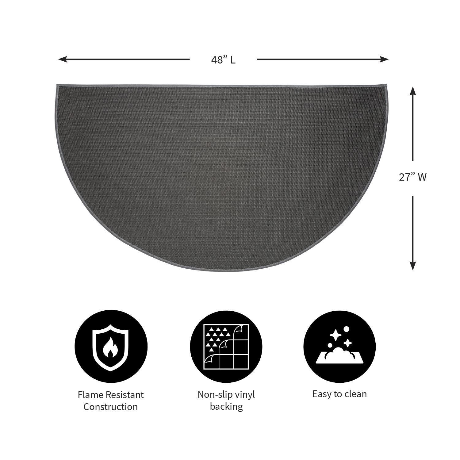 Plow & Hearth 27"x48" Half Round Fireproof Hearth Rug | Charcoal | 2 Layer Fiberglass Fireplace Mat | Protect Hardwood & Carpet from Sparks & Embers