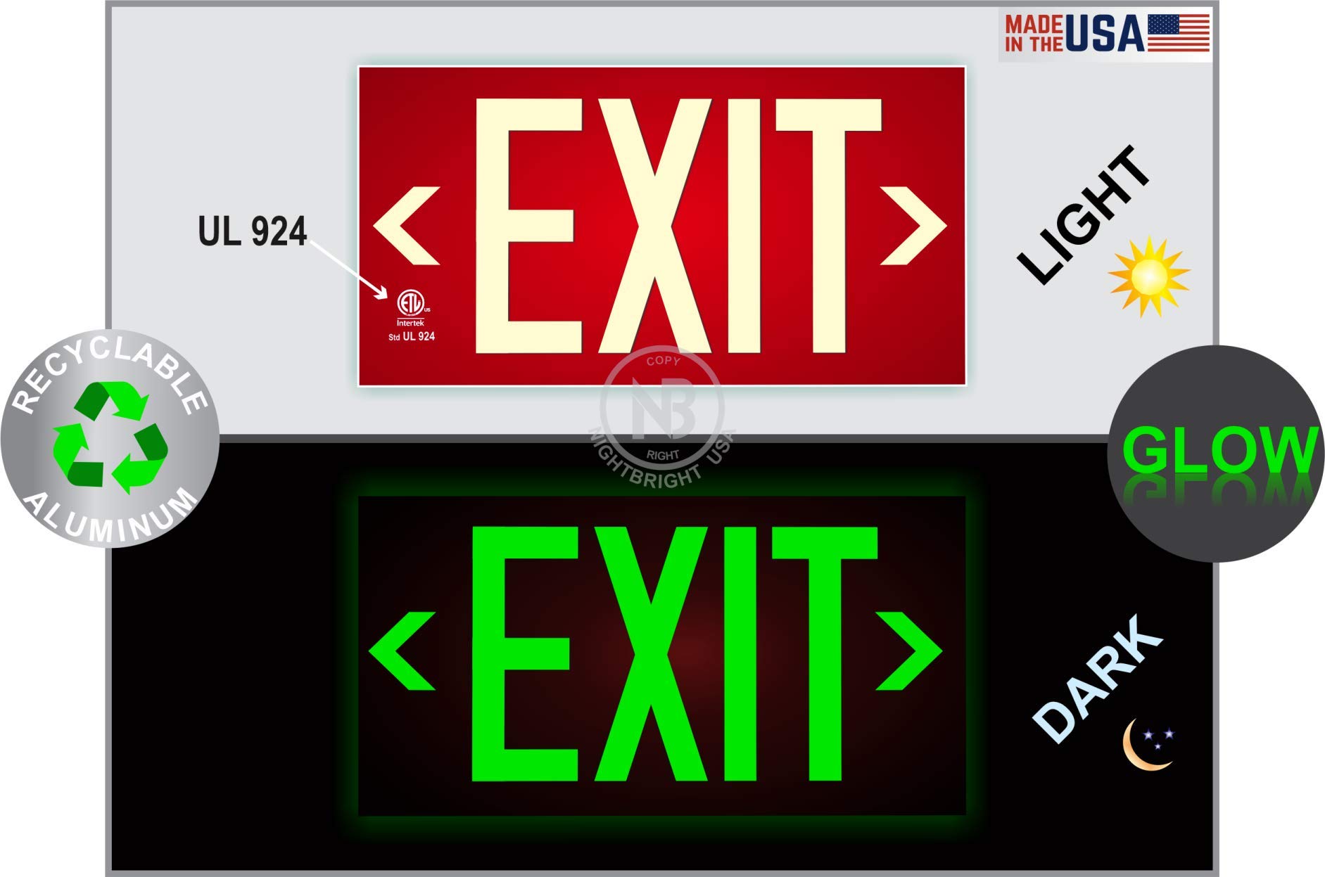 Photoluminescent Exit Sign Red - Aluminum - UL 924 Code Approved/IBC/NFPA 101 | NightBright USA Part Number ULR-050