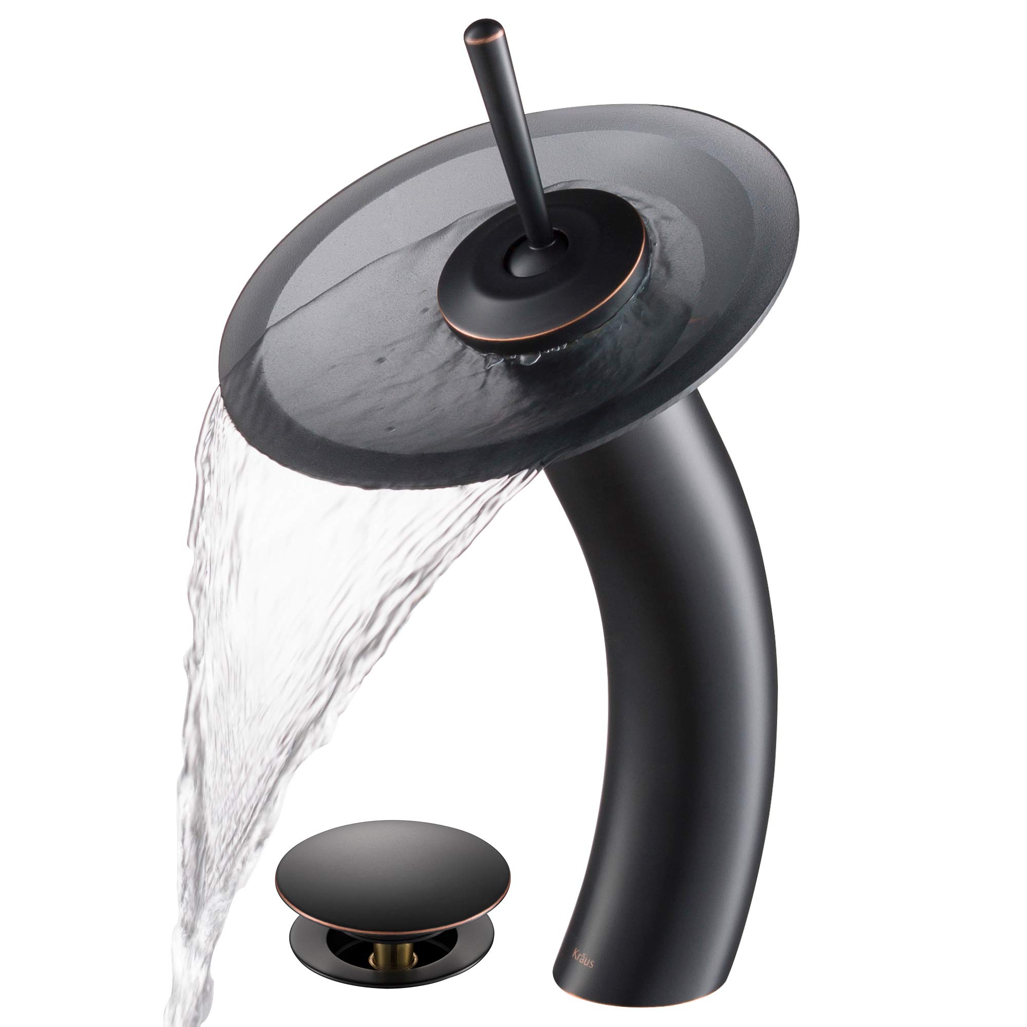 KRAUS Tall Waterfall Bathroom Faucet for Vessel Sink with Frosted Black Glass Disk and Pop-Up Drain, Oil Rubbed Bronze KGW-1700-PU-10ORB-BLFR