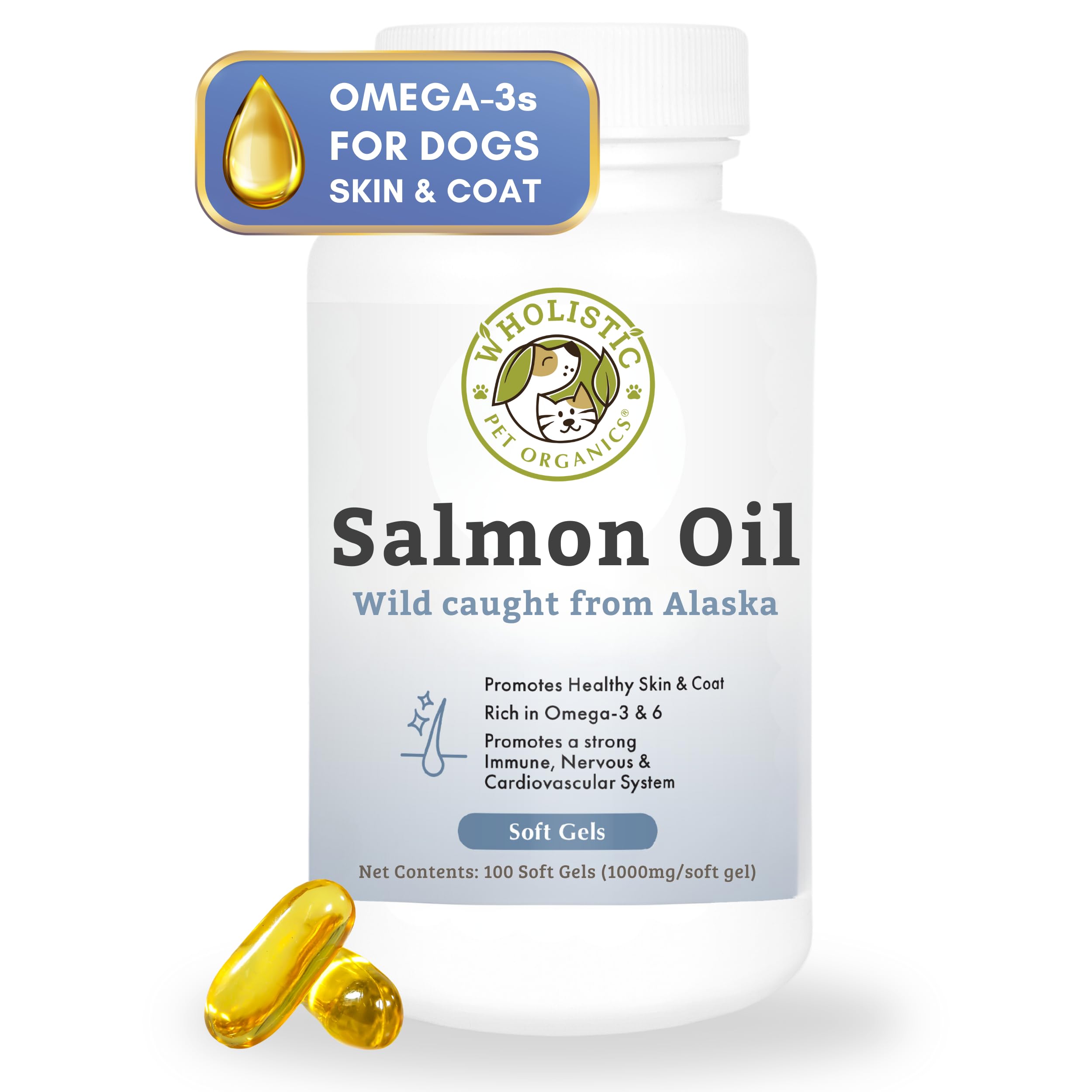 Wholistic Pet Organics Wild Alaskan Salmon Oil for Dogs - 100 Soft Gels - Rich Omega 3 Fish Oil with EPA & DHA for Skin, Coat, Joint, and Heart Health - Choice for Dog Skin & Coat Care