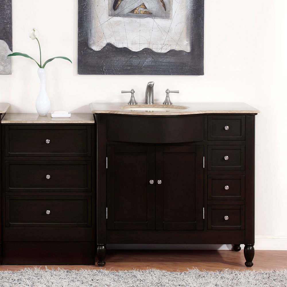 Silkroad Exclusive HYP-0902-T-UIC-58-L Travertine Top Single Left Sink Bathroom Vanity with Bath Furniture Cabinet, 58", Dark Wood