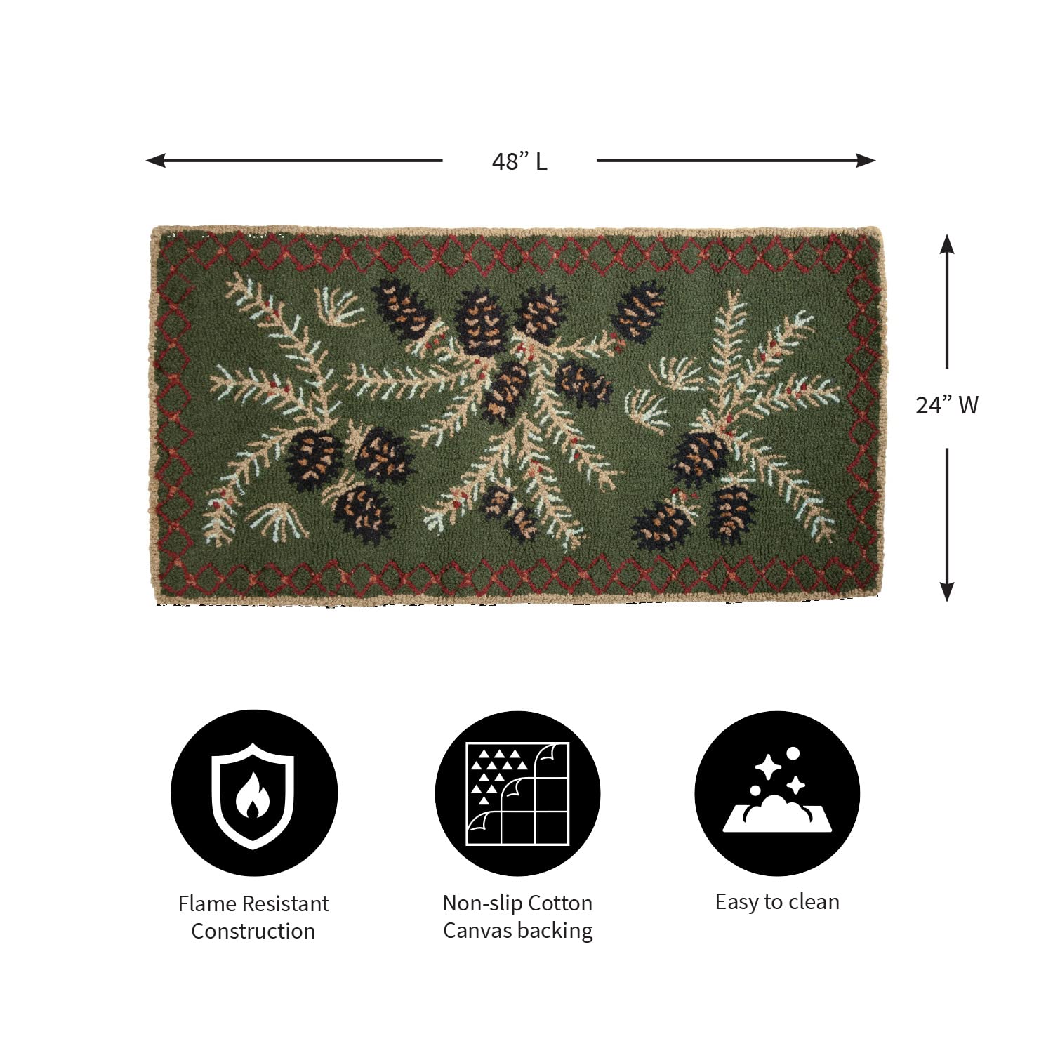 Plow & Hearth 2'x4' Hooked Pine Cone Fireproof Hearth Rug |100% Wool Fireplace Mat | Protect Home Décor Hardwood Floor and Carpet from Sparks and Embers Wood Stove