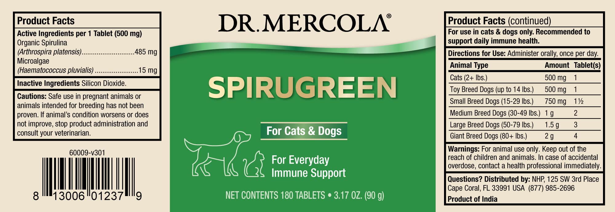 Dr. Mercola, SpiruGreen, for Cats and Dogs (180 Tablets), with Organic Spirulina and Microalgae,Organic Spirulina, Non GMO, Soy Free, Gluten Free