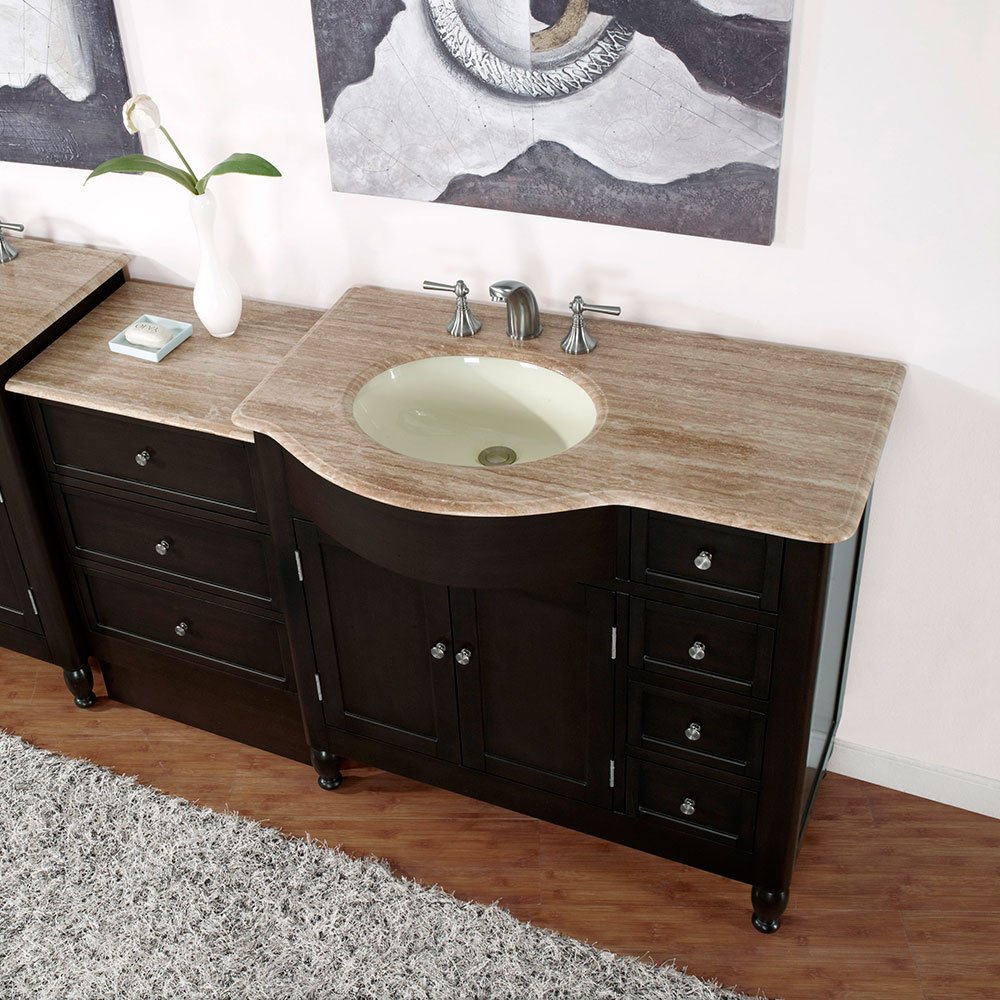 Silkroad Exclusive HYP-0902-T-UIC-58-L Travertine Top Single Left Sink Bathroom Vanity with Bath Furniture Cabinet, 58", Dark Wood