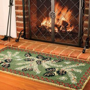 Plow & Hearth 2'x4' Hooked Pine Cone Fireproof Hearth Rug |100% Wool Fireplace Mat | Protect Home Décor Hardwood Floor and Carpet from Sparks and Embers Wood Stove