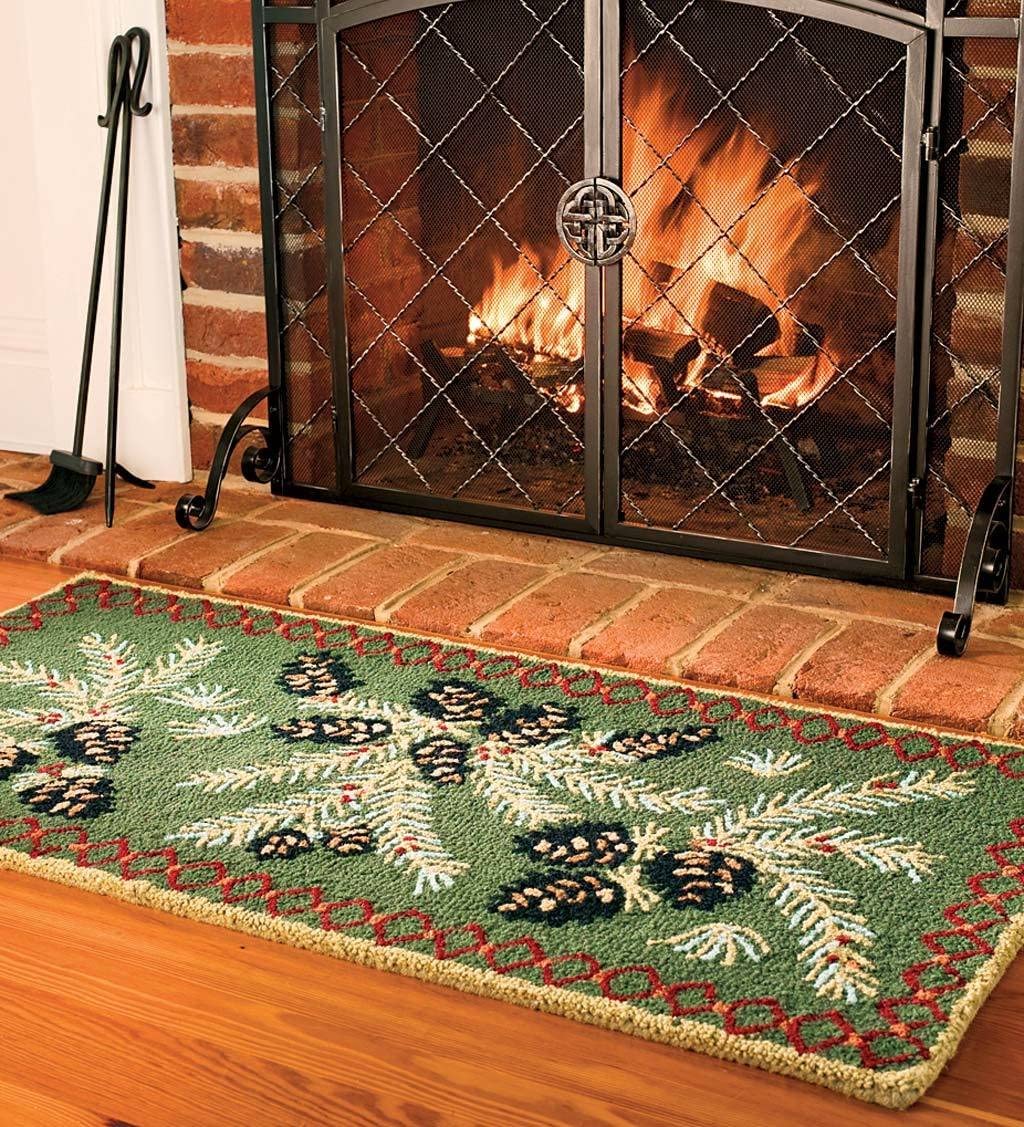 Plow & Hearth 2'x4' Hooked Pine Cone Fireproof Hearth Rug |100% Wool Fireplace Mat | Protect Home Décor Hardwood Floor and Carpet from Sparks and Embers Wood Stove