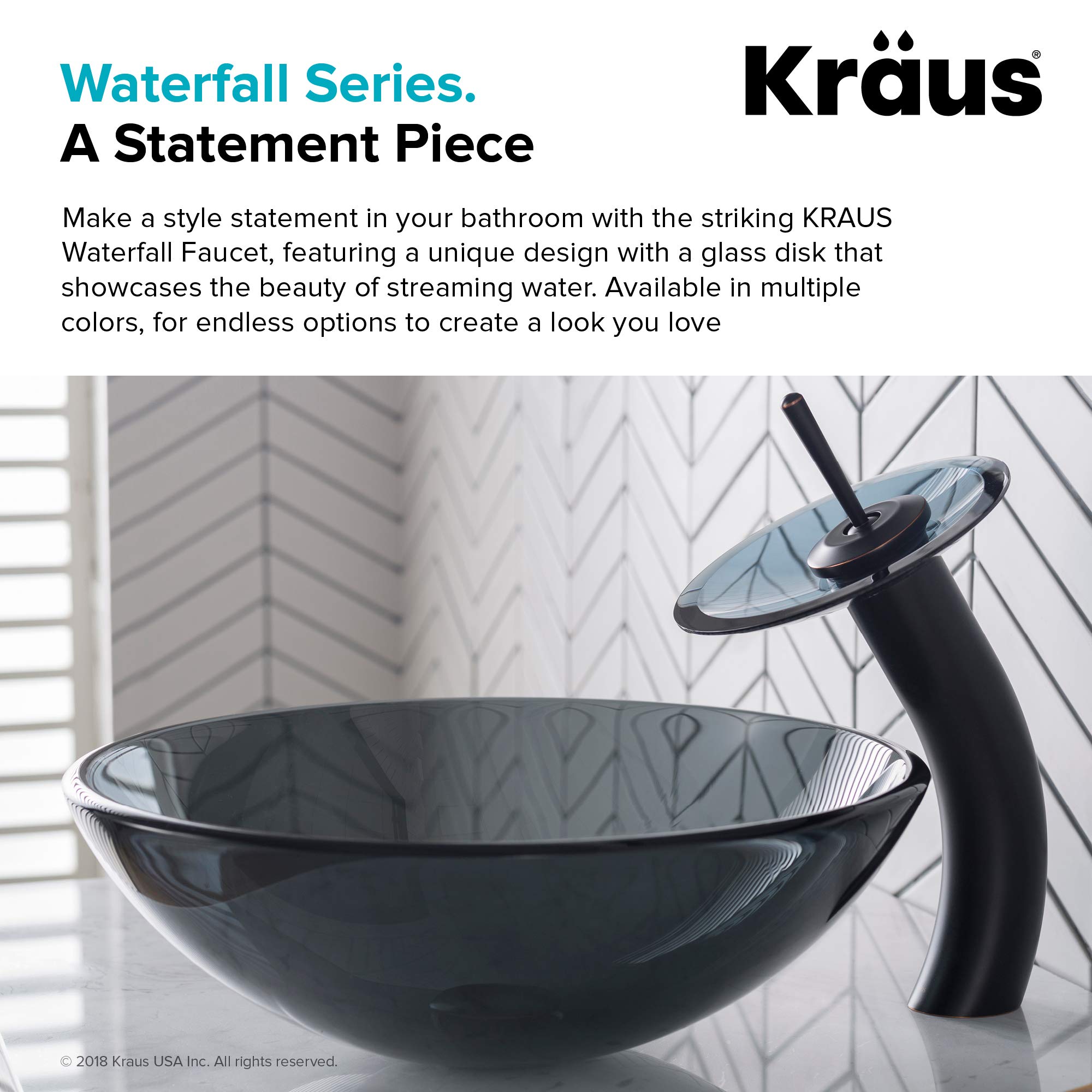 KRAUS Tall Waterfall Bathroom Faucet for Vessel Sink with Frosted Black Glass Disk and Pop-Up Drain, Oil Rubbed Bronze KGW-1700-PU-10ORB-BLFR