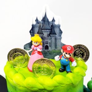 Mario Brothers 23 Piece Birthday Cake Topper Set Featuring Mario Castle, Bomb, Mario Coins, 6 Mario Figures Including Mario, Luigi, Princess Peach, Toad, Yoshi, Donkey Kong, and 12 Mario 1"