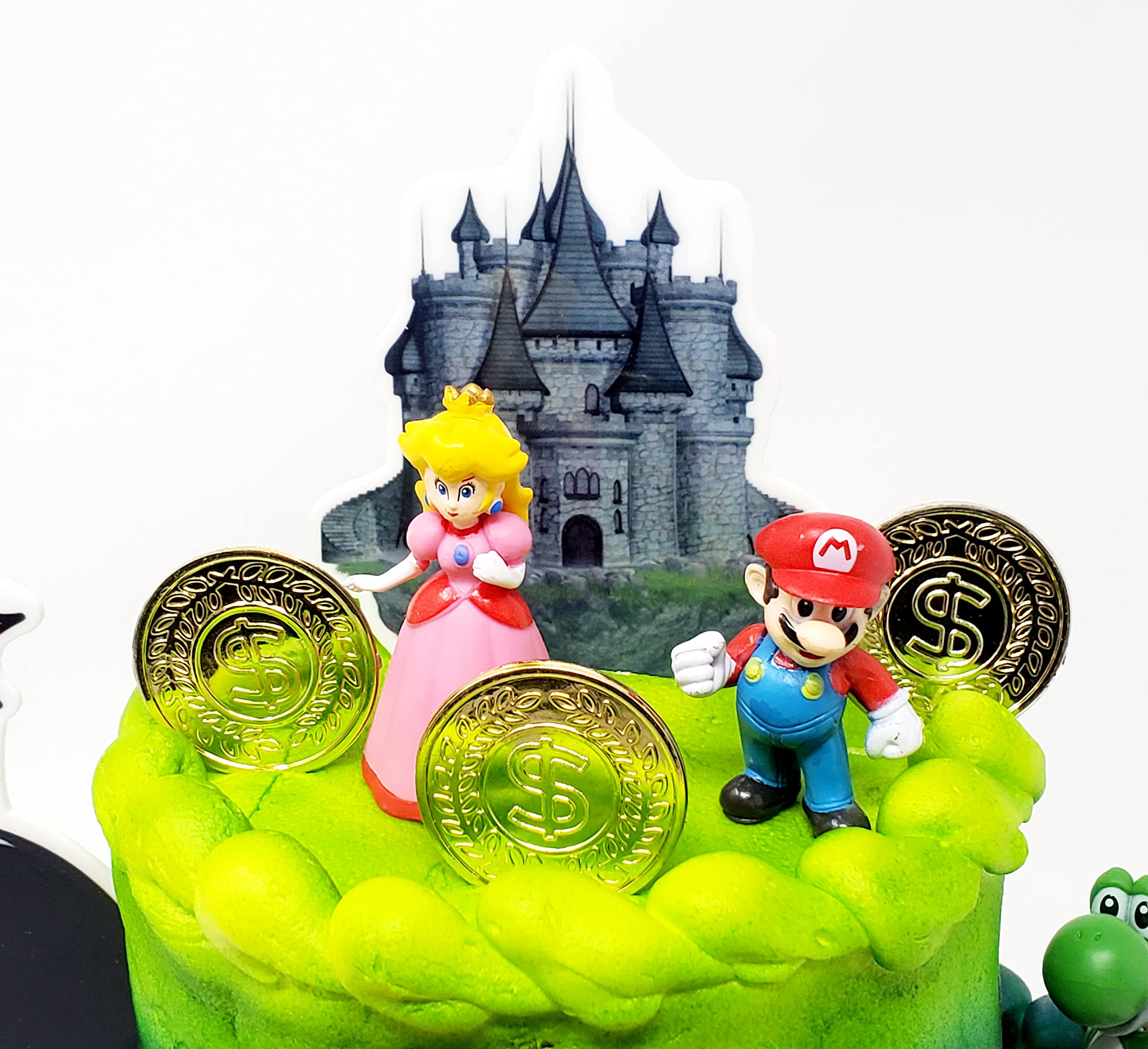 Mario Brothers 23 Piece Birthday Cake Topper Set Featuring Mario Castle, Bomb, Mario Coins, 6 Mario Figures Including Mario, Luigi, Princess Peach, Toad, Yoshi, Donkey Kong, and 12 Mario 1"