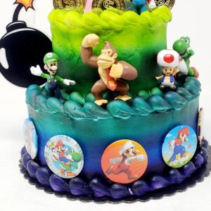 Mario Brothers 23 Piece Birthday Cake Topper Set Featuring Mario Castle, Bomb, Mario Coins, 6 Mario Figures Including Mario, Luigi, Princess Peach, Toad, Yoshi, Donkey Kong, and 12 Mario 1"