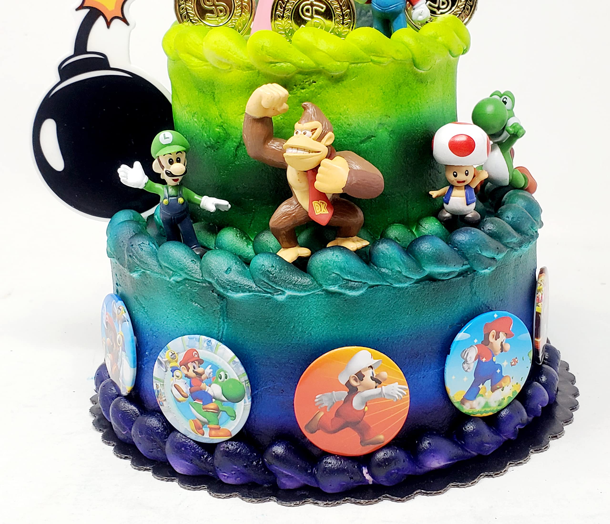 Mario Brothers 23 Piece Birthday Cake Topper Set Featuring Mario Castle, Bomb, Mario Coins, 6 Mario Figures Including Mario, Luigi, Princess Peach, Toad, Yoshi, Donkey Kong, and 12 Mario 1"