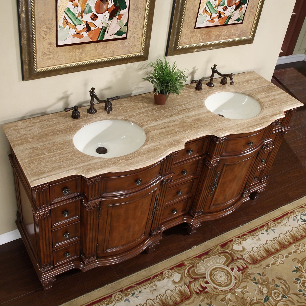 Silkroad Exclusive Travertine Stone Top Double Sink Bathroom Vanity with Furniture Bath Cabinet, 72", Medium Wood