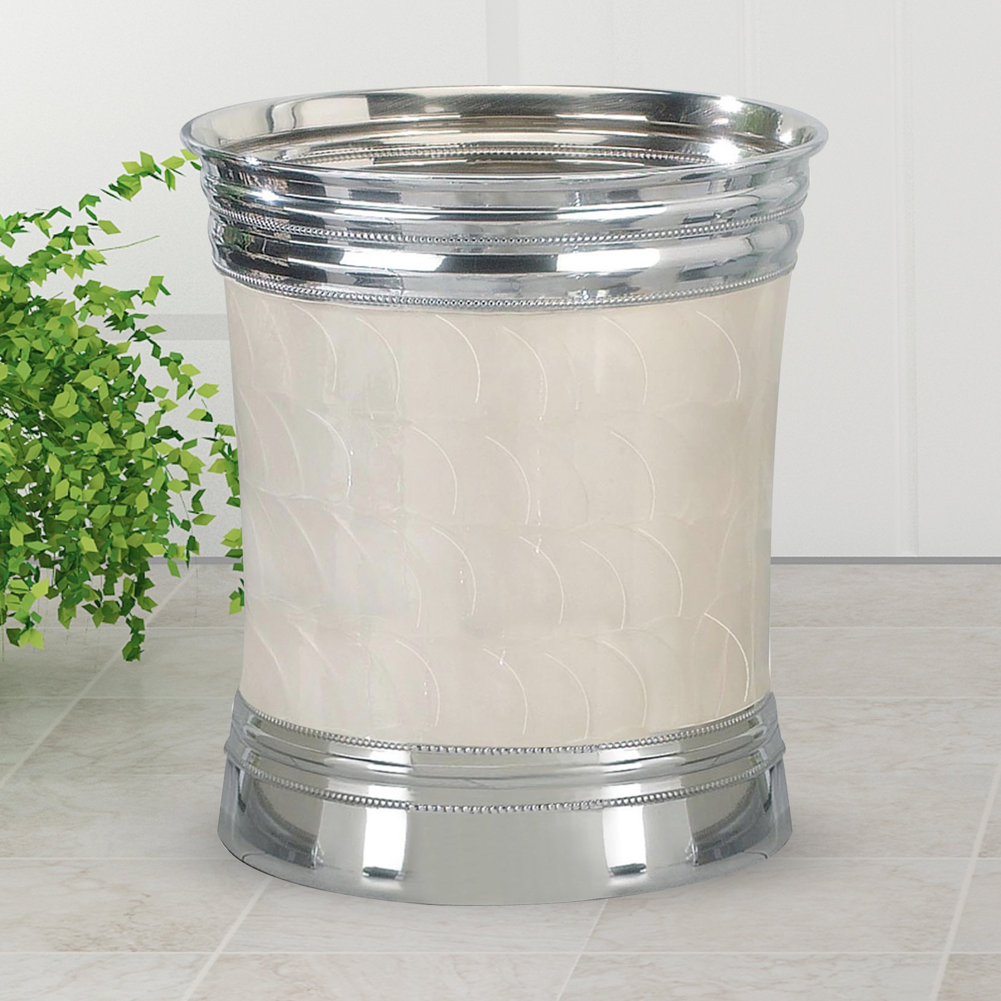 nu steel Fantasy Collection Wastebasket Small Round Vintage Trash Can for Bathroom, Bedroom, Dorm, College, Office, 8" x 10" x 8.8", Chrome Finish with Mother of Pearl Enamel., Under 5 Gallons (Fantasy/FA8H)