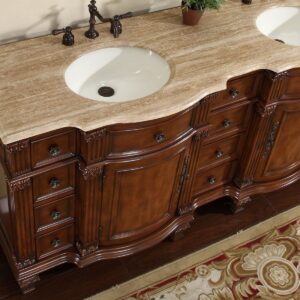 Silkroad Exclusive Travertine Stone Top Double Sink Bathroom Vanity with Furniture Bath Cabinet, 72", Medium Wood