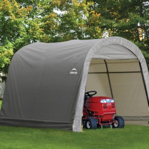 ShelterLogic 10' x 10' Shed-in-a-Box All Season Steel Metal Round Roof Outdoor Storage Shed with Waterproof Cover and Heavy Duty Reusable Auger Anchors, grey