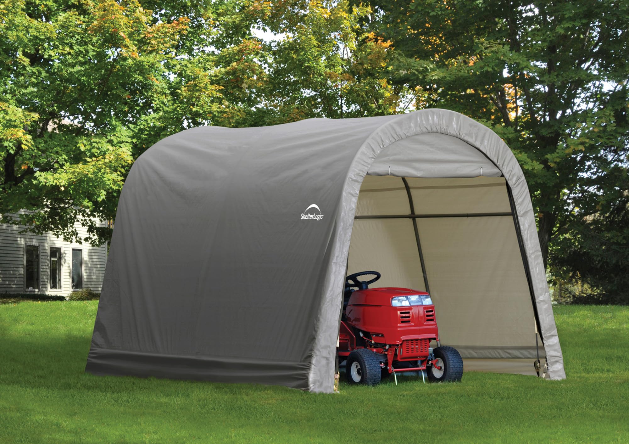 ShelterLogic 10' x 10' Shed-in-a-Box All Season Steel Metal Round Roof Outdoor Storage Shed with Waterproof Cover and Heavy Duty Reusable Auger Anchors, grey