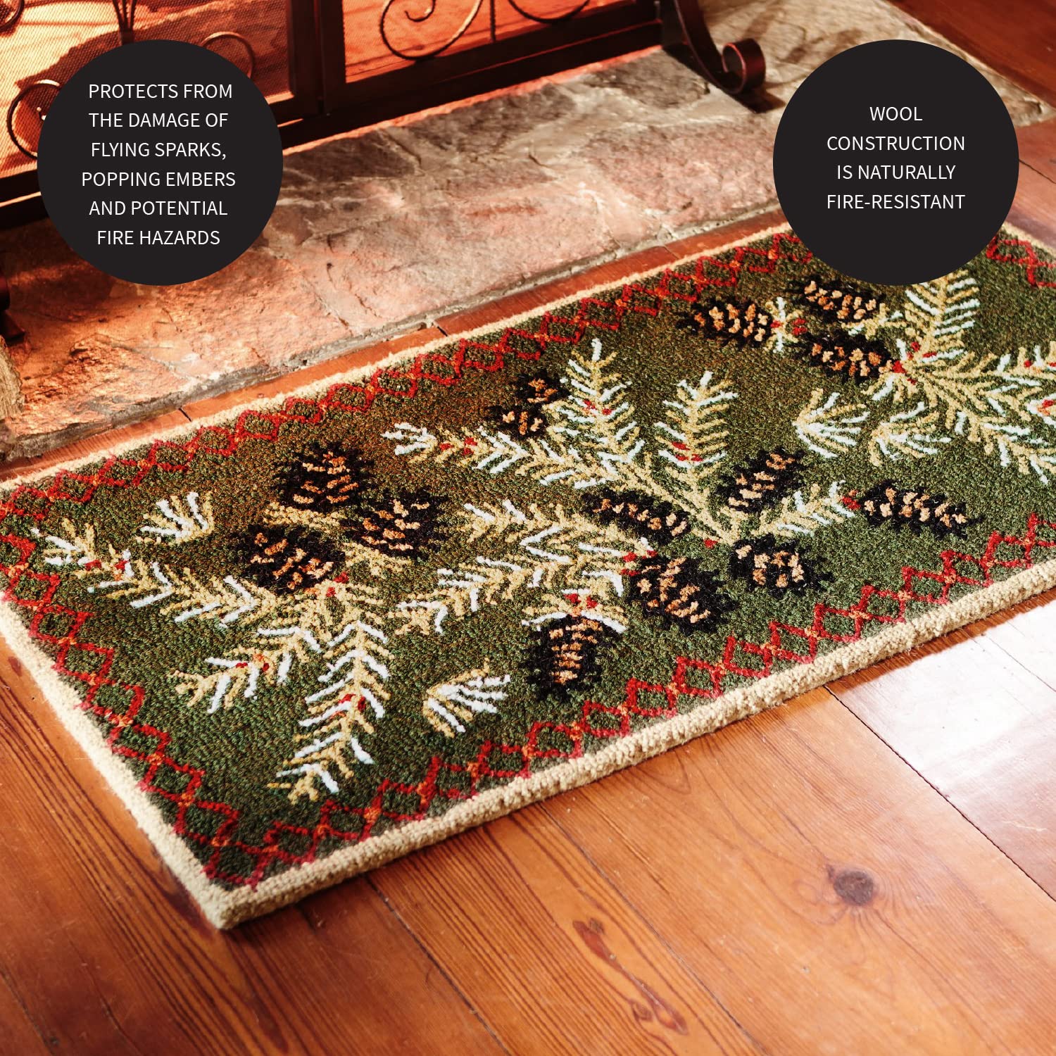 Plow & Hearth 2'x4' Hooked Pine Cone Fireproof Hearth Rug |100% Wool Fireplace Mat | Protect Home Décor Hardwood Floor and Carpet from Sparks and Embers Wood Stove