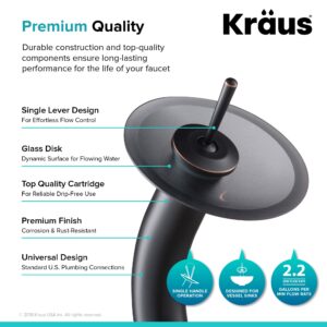 KRAUS Tall Waterfall Bathroom Faucet for Vessel Sink with Frosted Black Glass Disk and Pop-Up Drain, Oil Rubbed Bronze KGW-1700-PU-10ORB-BLFR