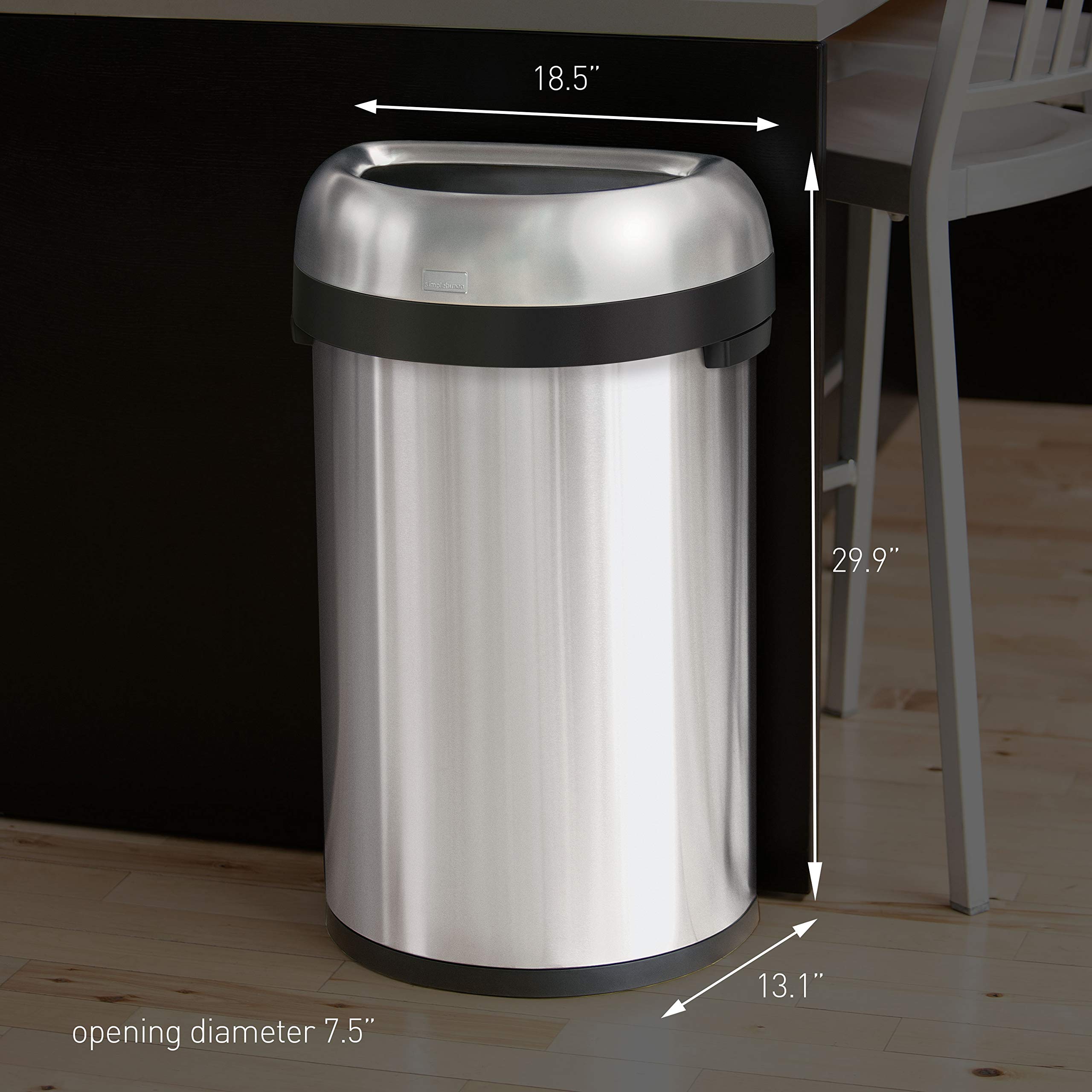 simplehuman 60 Liter / 15.9 Gallon Large Semi-Round Open Top Trash Can Commercial Grade Heavy Gauge, Brushed Stainless Steel