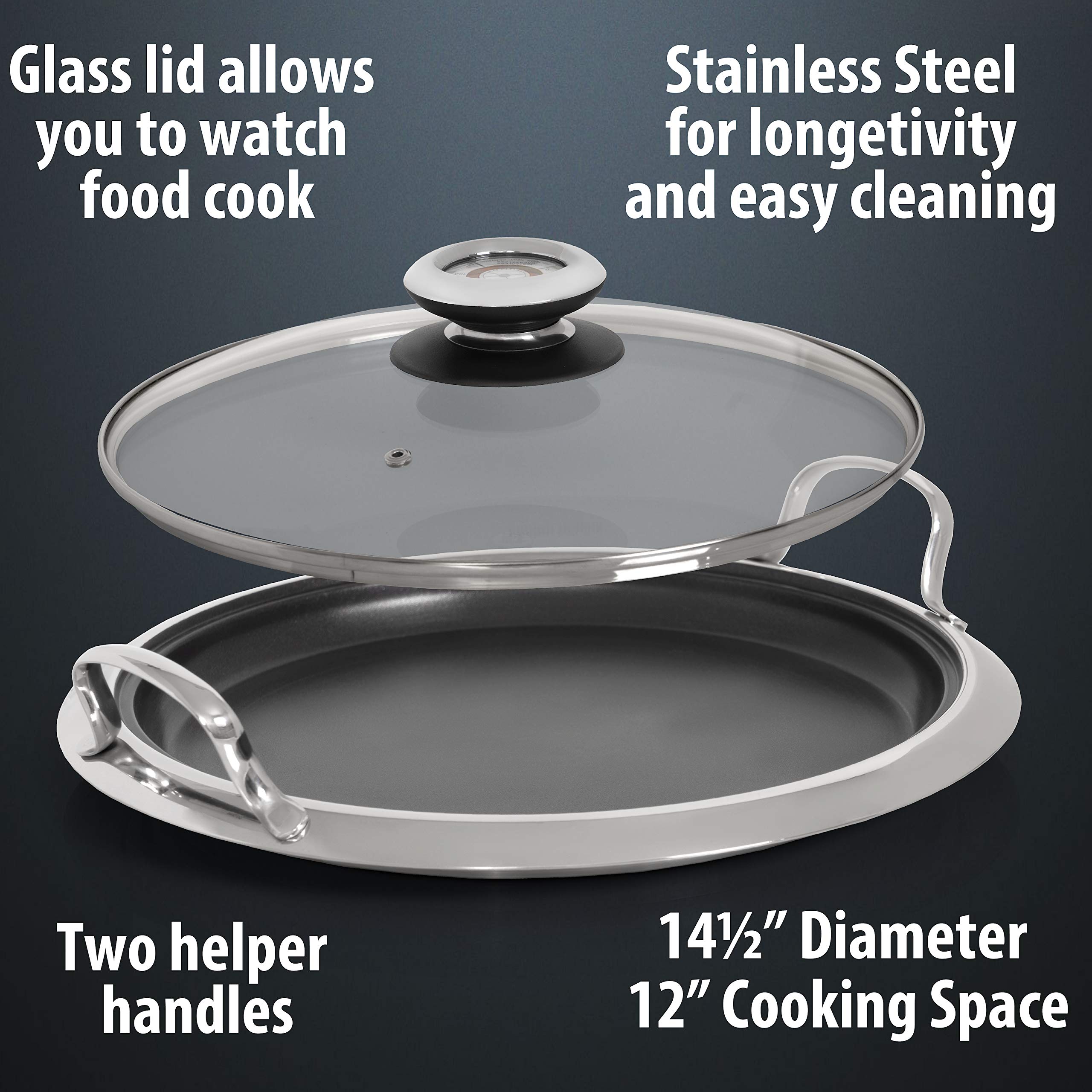 Chef's Secret 12-Element Stainless Steel Round Non-Stick Griddle With See Thru Glass Cover, PFOA Free, Works with Induction, Ceramic, Electric, and Gas Cooktops