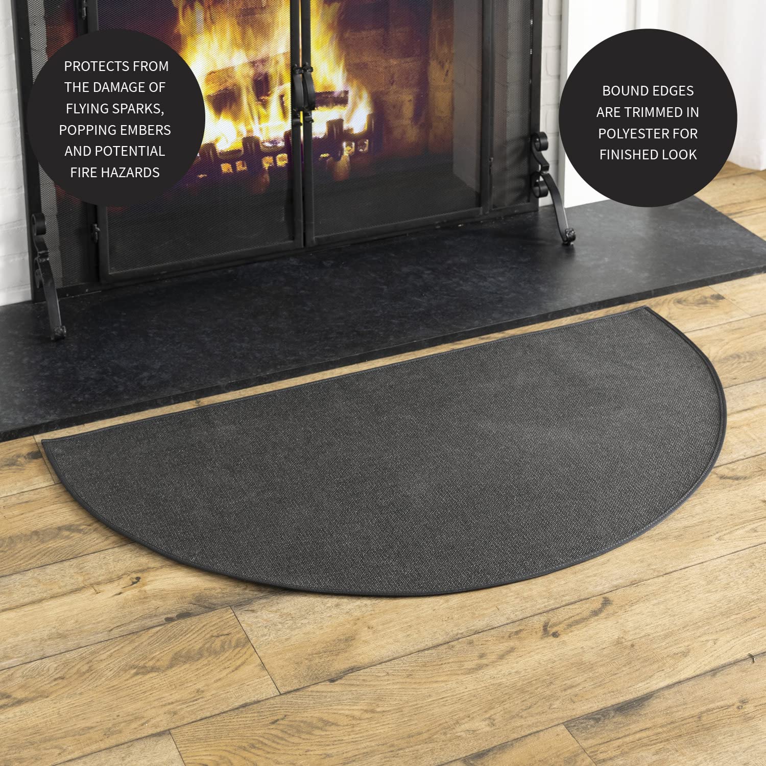 Plow & Hearth 27"x48" Half Round Fireproof Hearth Rug | Charcoal | 2 Layer Fiberglass Fireplace Mat | Protect Hardwood & Carpet from Sparks & Embers