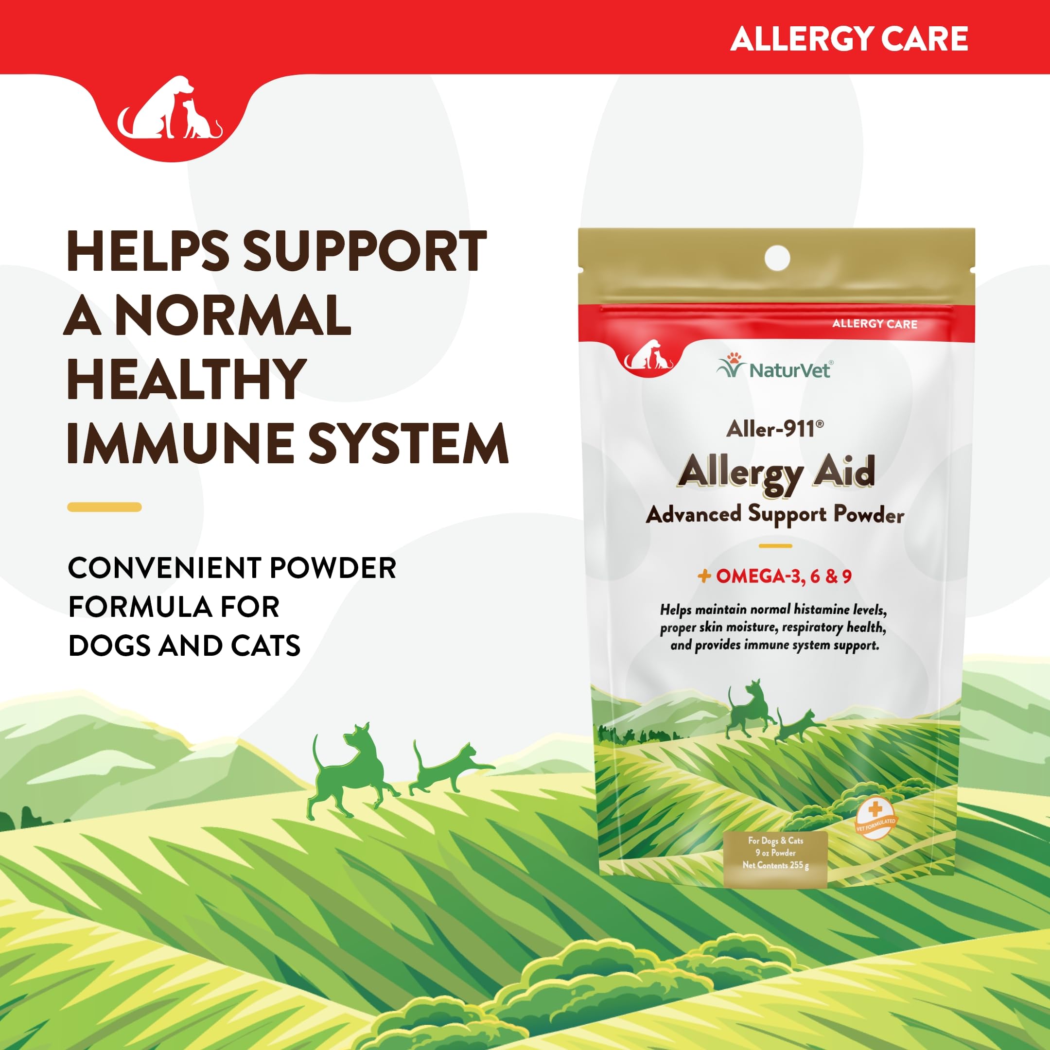 NaturVet Aller-911 Advanced Allergy Aid Formula Powder Plus Antioxidants for Dogs and Cats, 9 oz Powder, Made in The USA