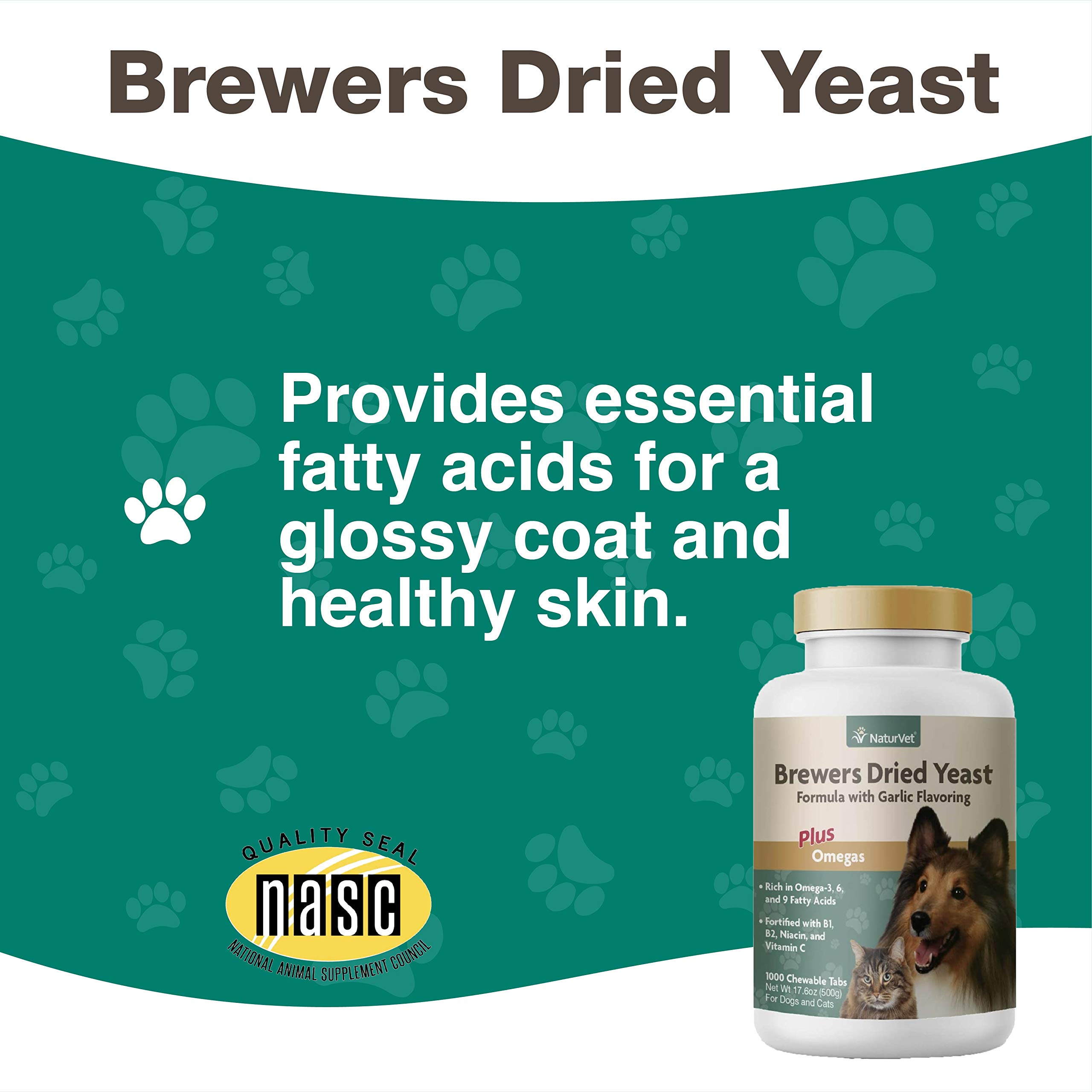 NaturVet – Brewer’s Dried Yeast Formula with Garlic Flavoring – Plus Omegas | Rich in Omega-3, 6 & 9 Fatty Acids | Fortified with B1, B2, Niacin & Vitamin C | for Dogs & Cats | 1000 Chewable Tablets