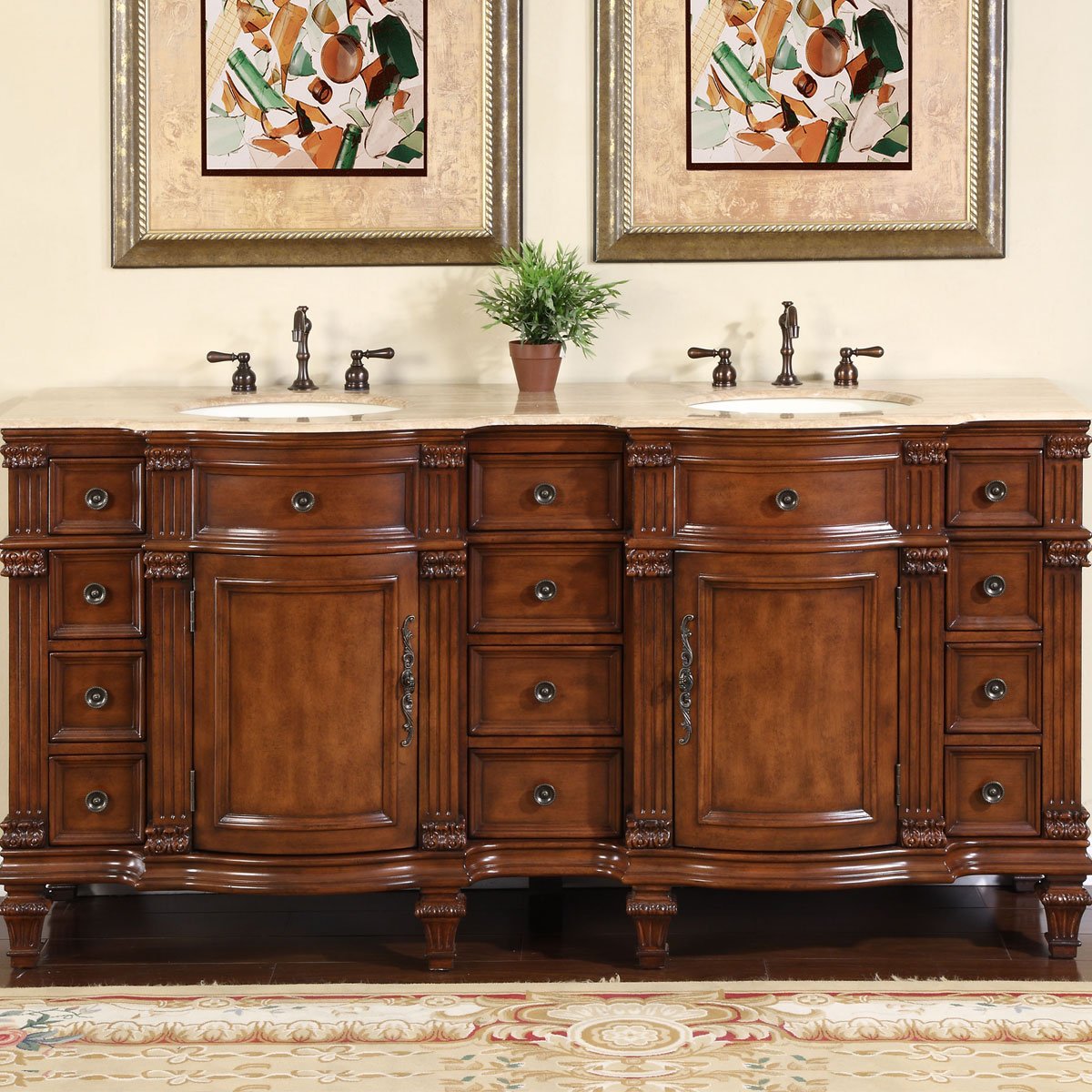 Silkroad Exclusive Travertine Stone Top Double Sink Bathroom Vanity with Furniture Bath Cabinet, 72", Medium Wood