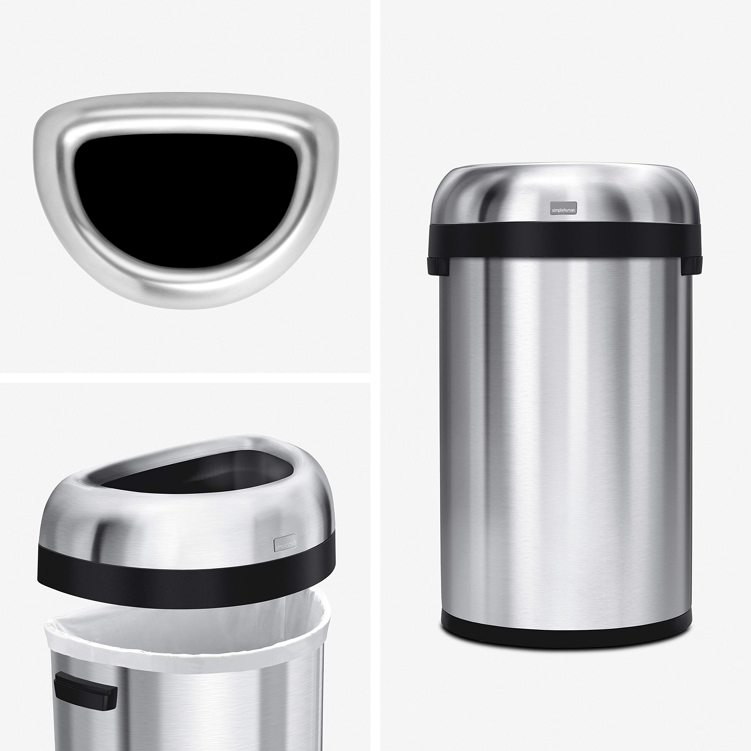 simplehuman 60 Liter / 15.9 Gallon Large Semi-Round Open Top Trash Can Commercial Grade Heavy Gauge, Brushed Stainless Steel