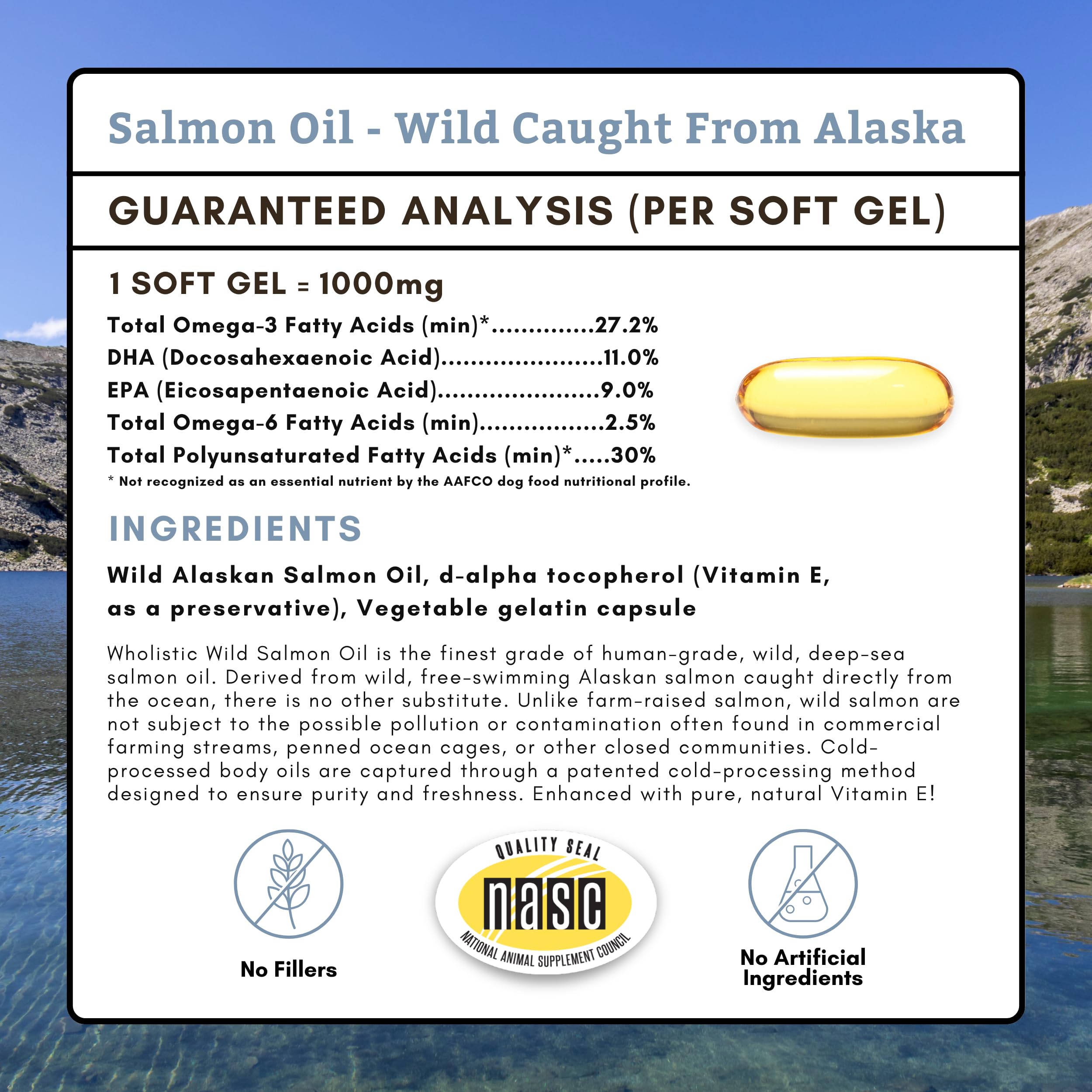 Wholistic Pet Organics Wild Alaskan Salmon Oil for Dogs - 100 Soft Gels - Rich Omega 3 Fish Oil with EPA & DHA for Skin, Coat, Joint, and Heart Health - Choice for Dog Skin & Coat Care