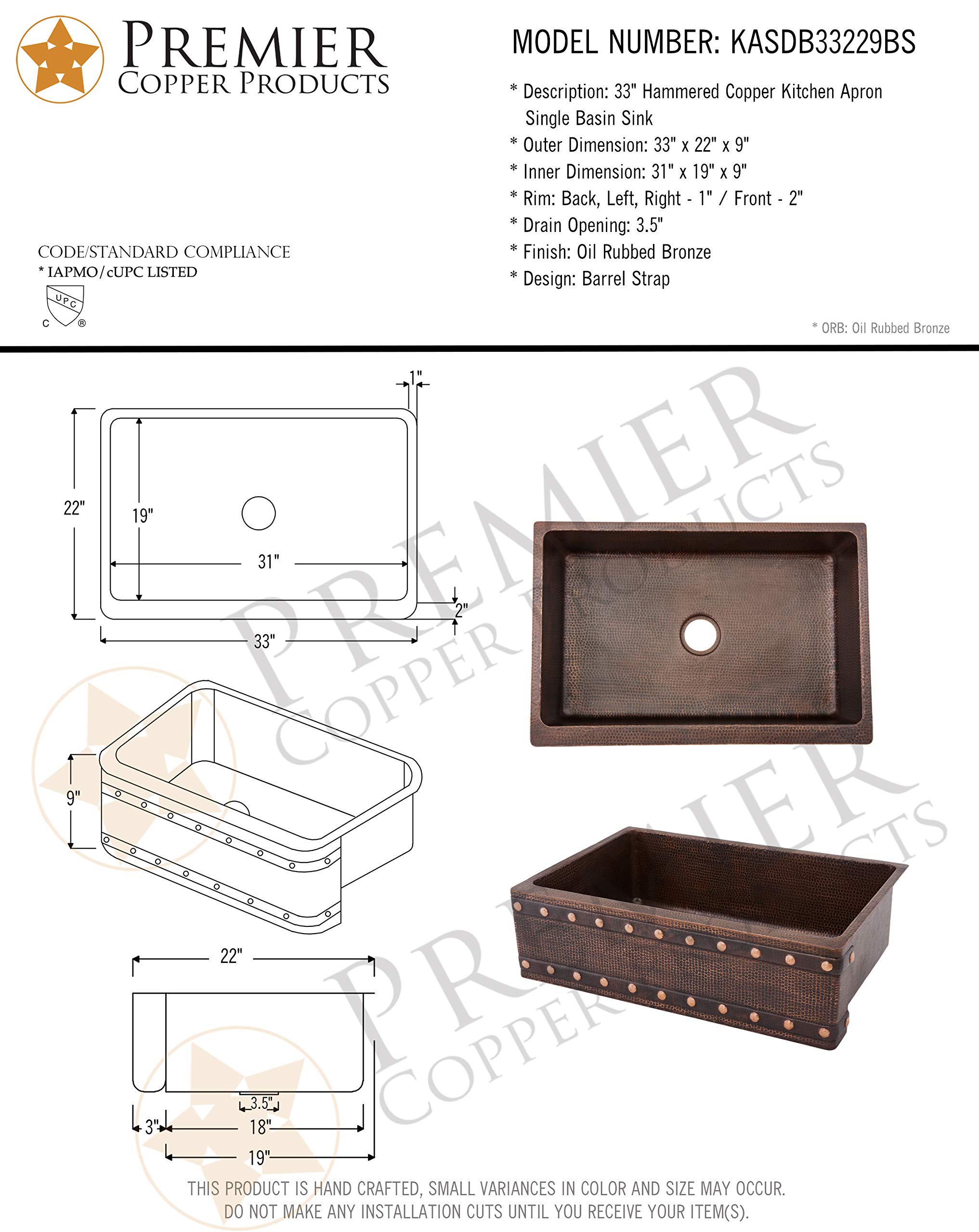 Premier Copper Products KASDB33229BS 33-Inch Hammered Copper Kitchen Apron Single Basin Sink with Barrel Strap Design, Oil Rubbed Bronze