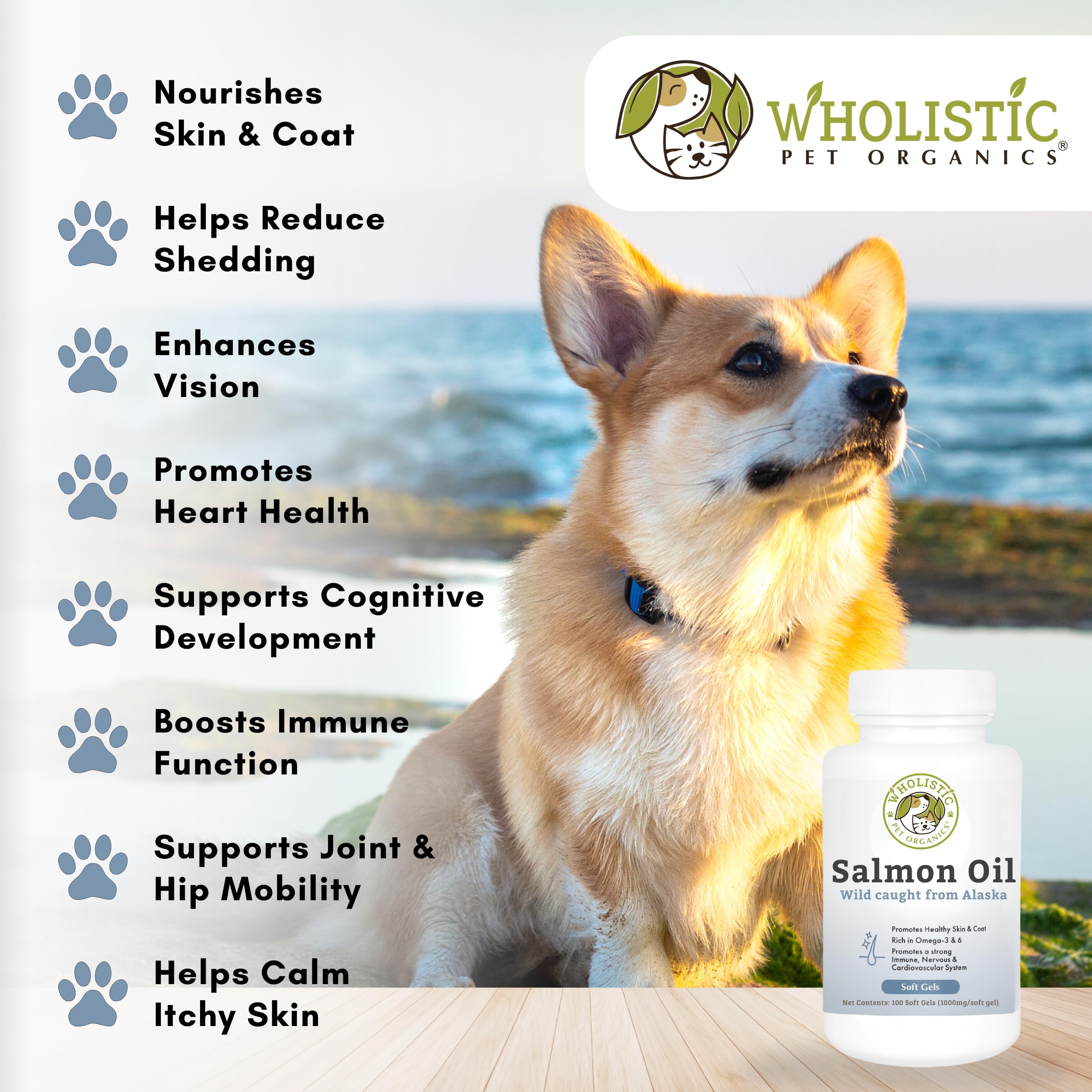 Wholistic Pet Organics Wild Alaskan Salmon Oil for Dogs - 100 Soft Gels - Rich Omega 3 Fish Oil with EPA & DHA for Skin, Coat, Joint, and Heart Health - Choice for Dog Skin & Coat Care