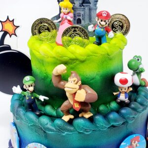 Mario Brothers 23 Piece Birthday Cake Topper Set Featuring Mario Castle, Bomb, Mario Coins, 6 Mario Figures Including Mario, Luigi, Princess Peach, Toad, Yoshi, Donkey Kong, and 12 Mario 1"