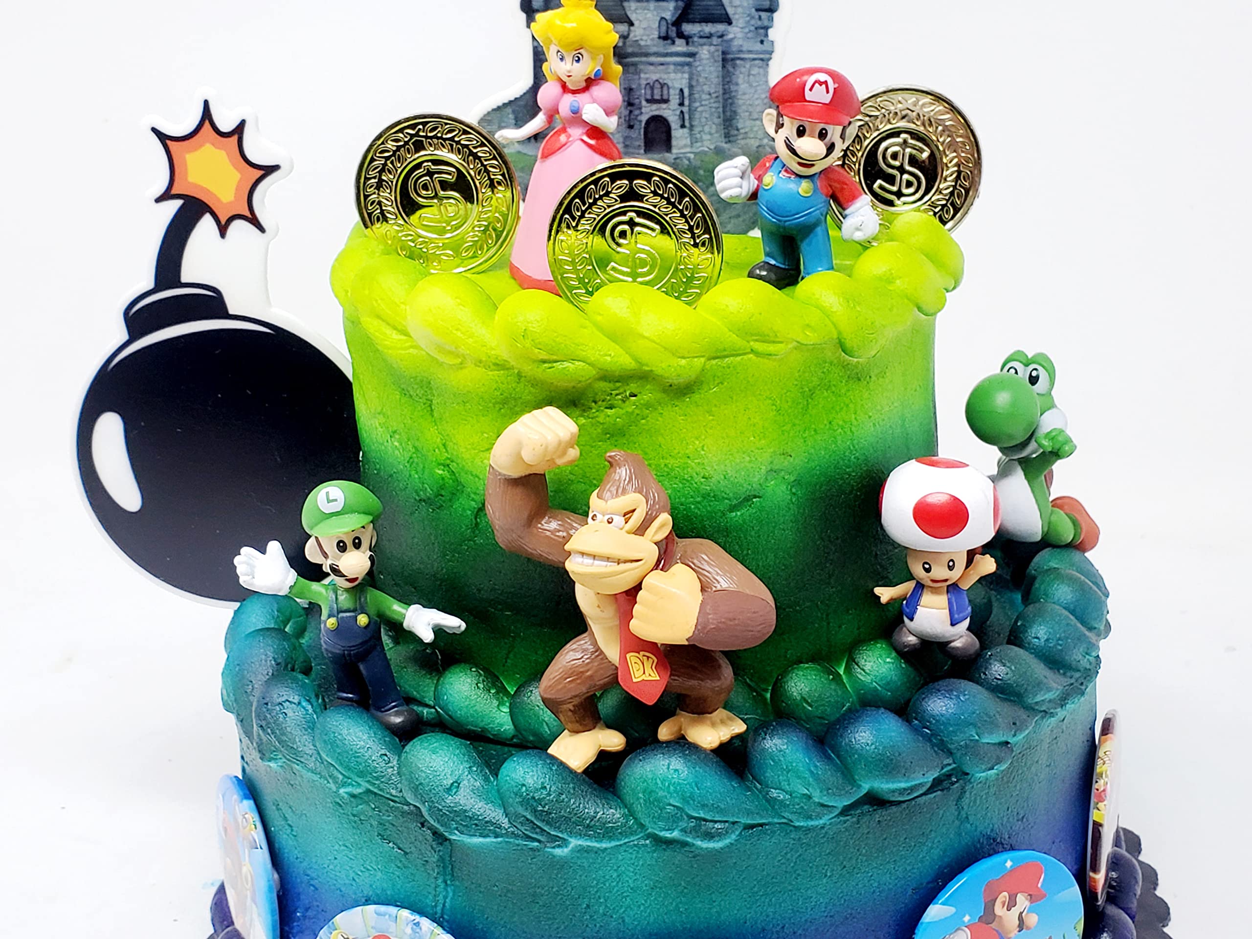 Mario Brothers 23 Piece Birthday Cake Topper Set Featuring Mario Castle, Bomb, Mario Coins, 6 Mario Figures Including Mario, Luigi, Princess Peach, Toad, Yoshi, Donkey Kong, and 12 Mario 1"