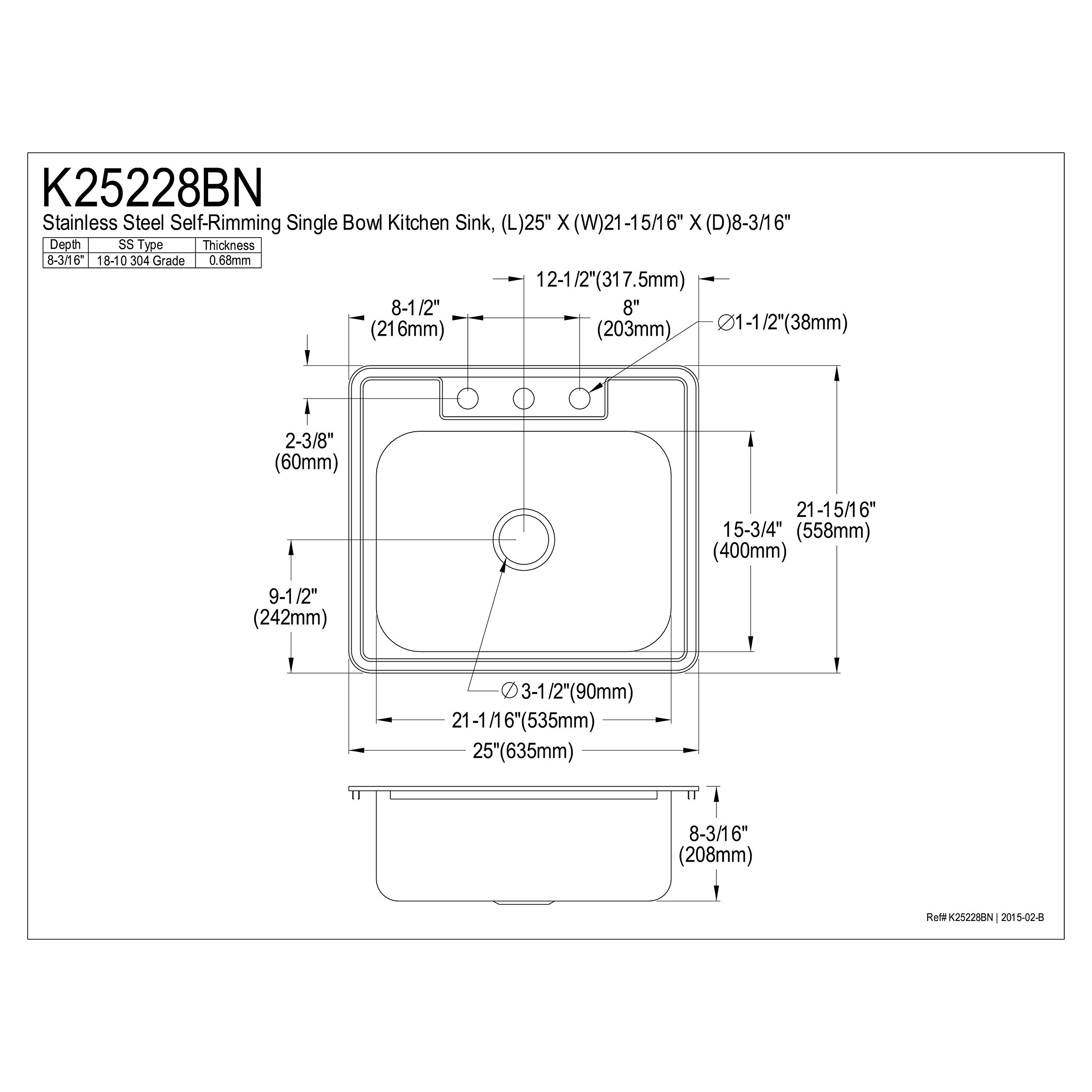 Carefree 25" x 22" Single Bowl Self-Rimming Kitchen Sink