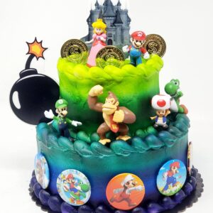 Mario Brothers 23 Piece Birthday Cake Topper Set Featuring Mario Castle, Bomb, Mario Coins, 6 Mario Figures Including Mario, Luigi, Princess Peach, Toad, Yoshi, Donkey Kong, and 12 Mario 1"