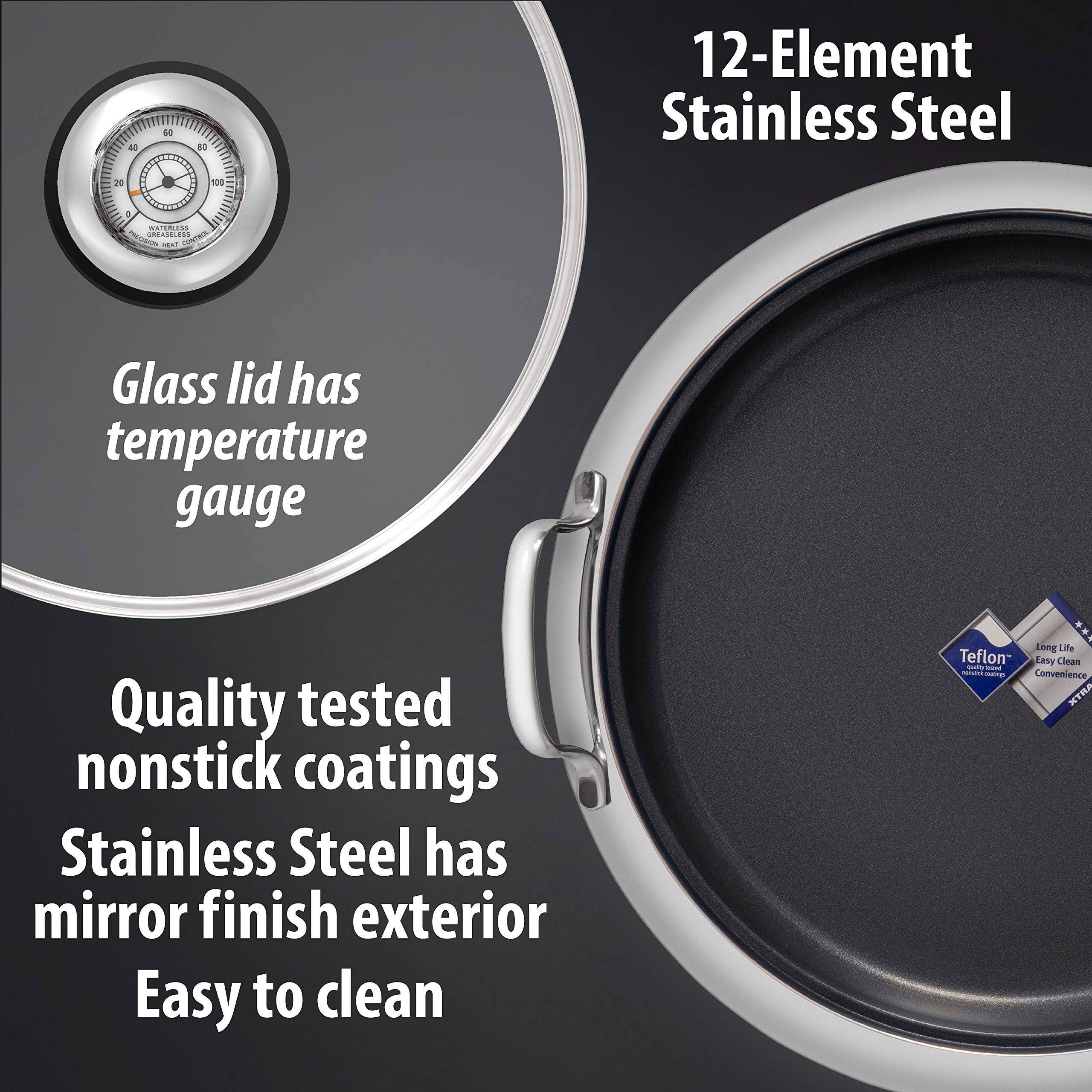 Chef's Secret 12-Element Stainless Steel Round Non-Stick Griddle With See Thru Glass Cover, PFOA Free, Works with Induction, Ceramic, Electric, and Gas Cooktops