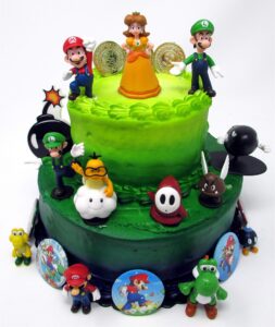 mario brothers birthday party 22 piece mario birthday cake topper featuring mario, luigi, bullet, toad, mushroom, goomba, koopa, shy, bomb, lakitu spiny, mario coins, large bomb, and 6 mario 1"