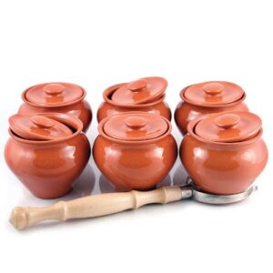 stoneware ramekins with lids (set of 6) & 1 oven fork - 16.9 fl oz (500 ml) - clay pots for cooking, dutch oven pot with lid, cooking pot, earthenware pot, stockpot with lid, earthenware rice pots