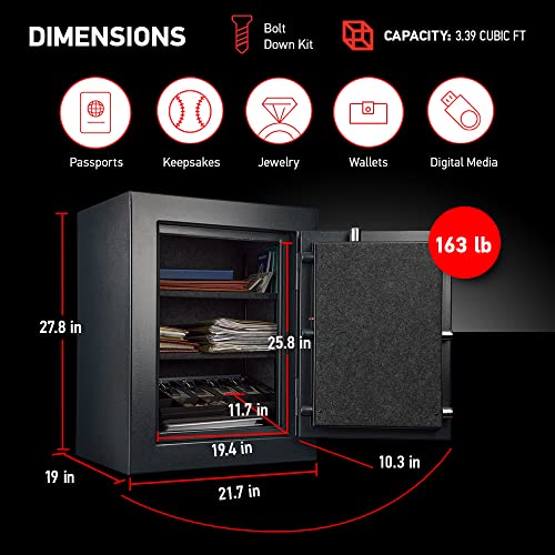 SentrySafe Fireproof and Waterproof XX-Large Black Steel Home Safe, DOJ-Certified with Digital Keypad Lock for Guns or Documents, 3.39 Cubic Feet, 27.8 x 21.7 x 19 Inches, EF3428E