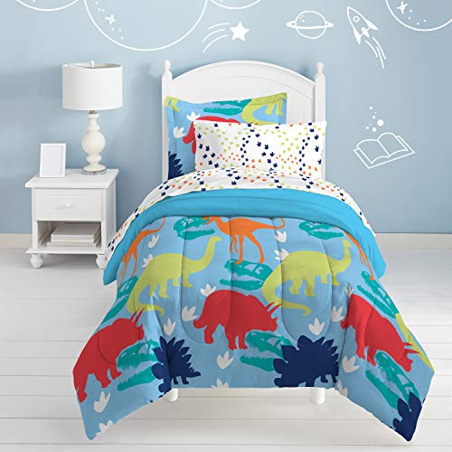 Dream Factory Dinosaur Prints Boys Comforter Set with Sheets, Kids Bedding Bed in a Bag, Multi-Colored, Twin, Blue Red