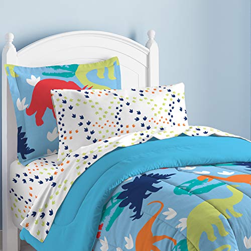 Dream Factory Dinosaur Prints Boys Comforter Set with Sheets, Kids Bedding Bed in a Bag, Multi-Colored, Twin, Blue Red