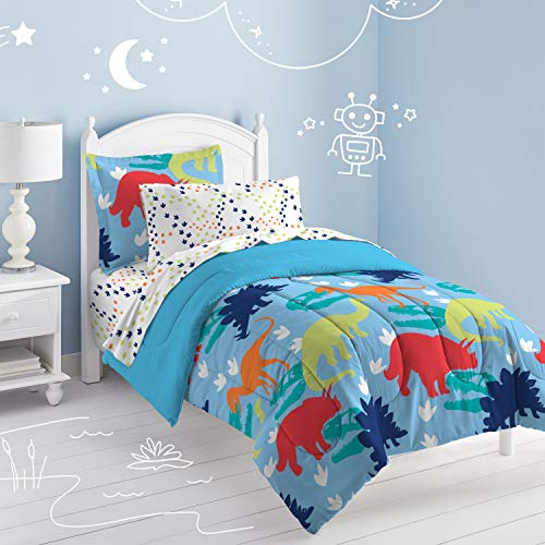 Dream Factory Dinosaur Prints Boys Comforter Set with Sheets, Kids Bedding Bed in a Bag, Multi-Colored, Twin, Blue Red