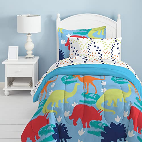 Dream Factory Dinosaur Prints Boys Comforter Set with Sheets, Kids Bedding Bed in a Bag, Multi-Colored, Twin, Blue Red